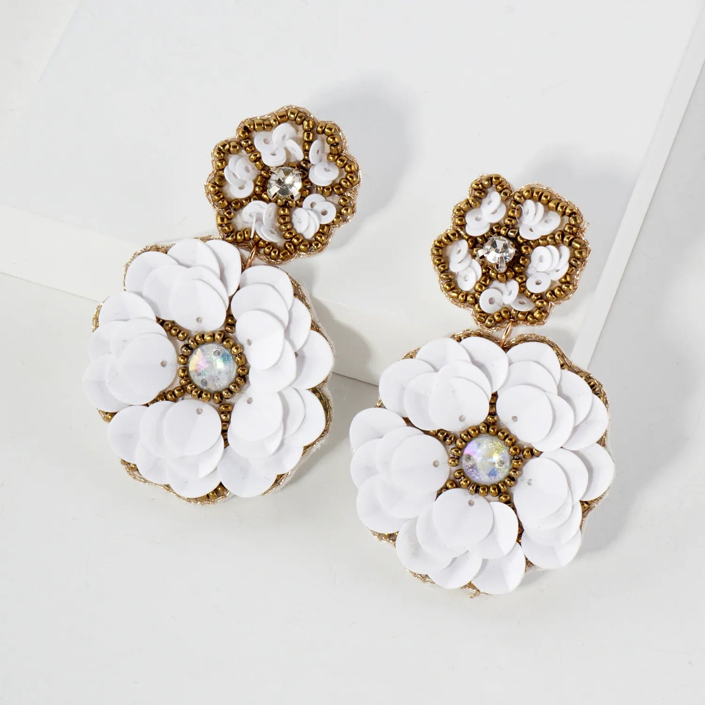 Glass Beaded Sequin Double Flower Drop Statement Earrings