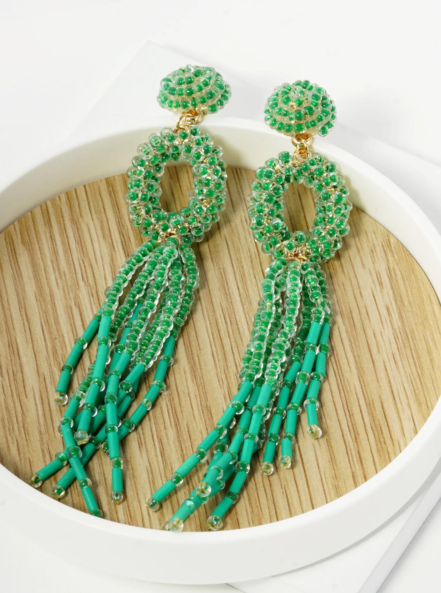 Glass Beaded Tassel Drop Statement Earrings