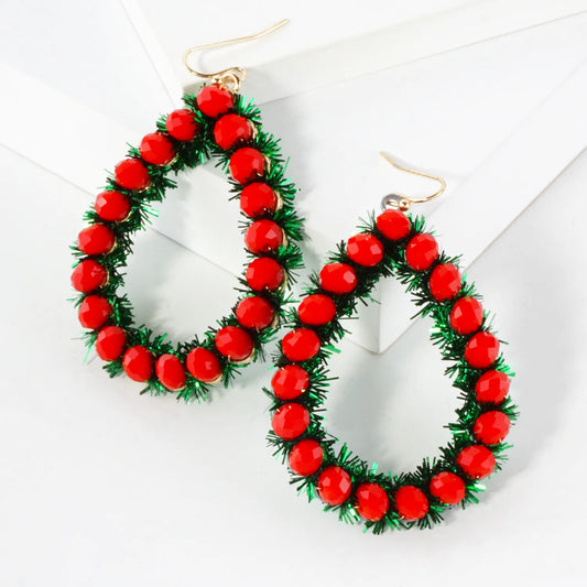 Glass Beaded Teardrop Christmas Wreath Dangle Earrings