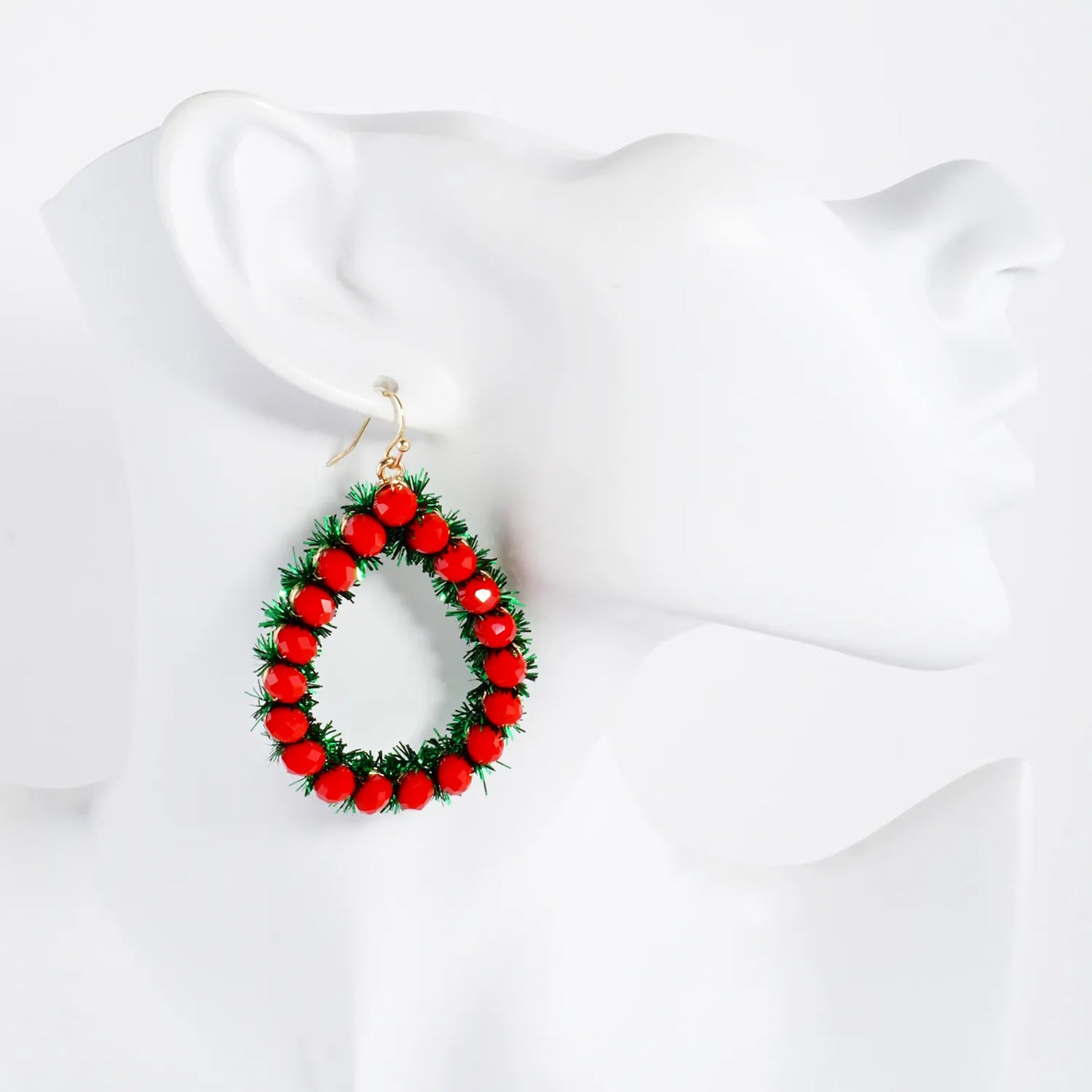 Glass Beaded Teardrop Christmas Wreath Dangle Earrings