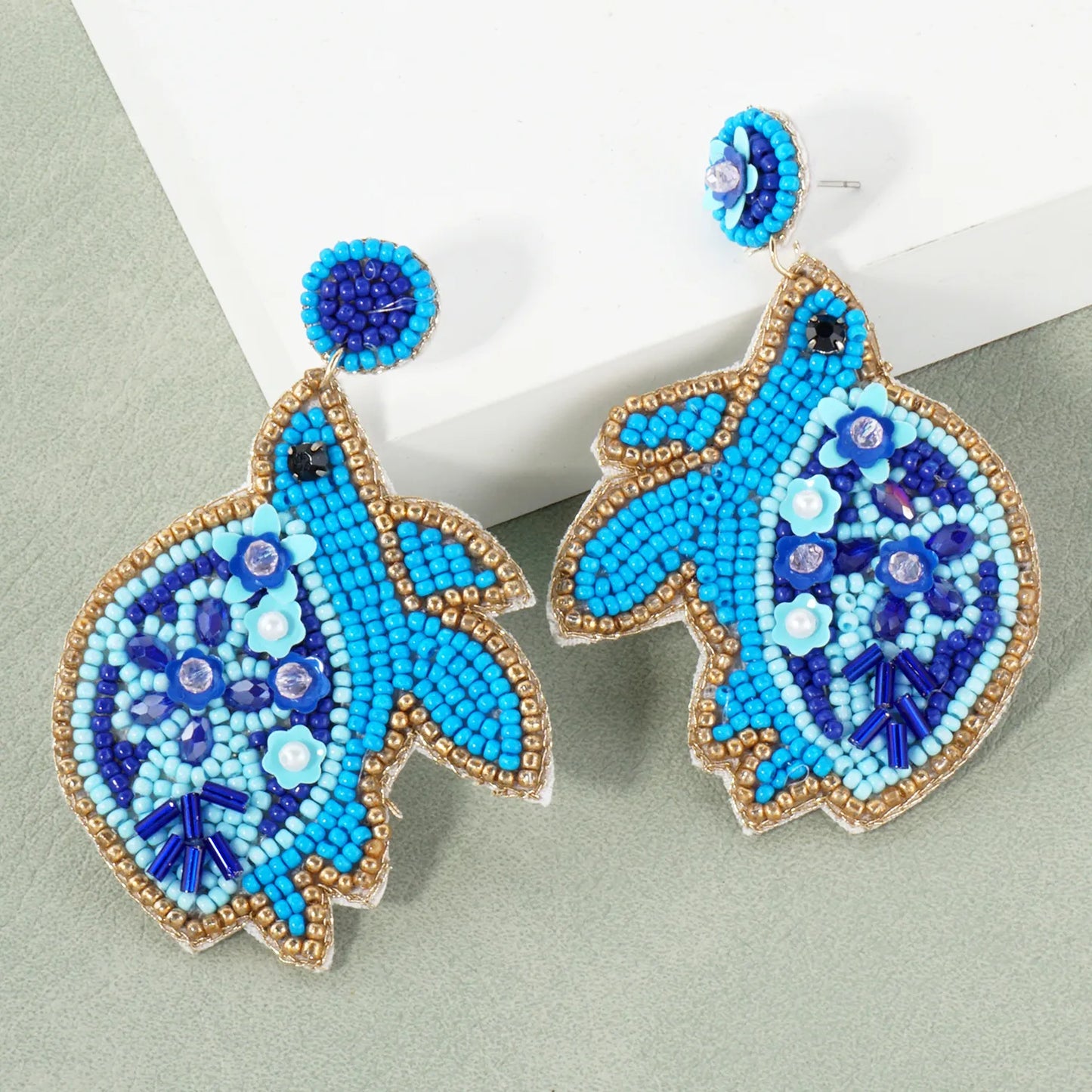 Glass-Beaded Turtle Drop Sea-Life Statement Earrings