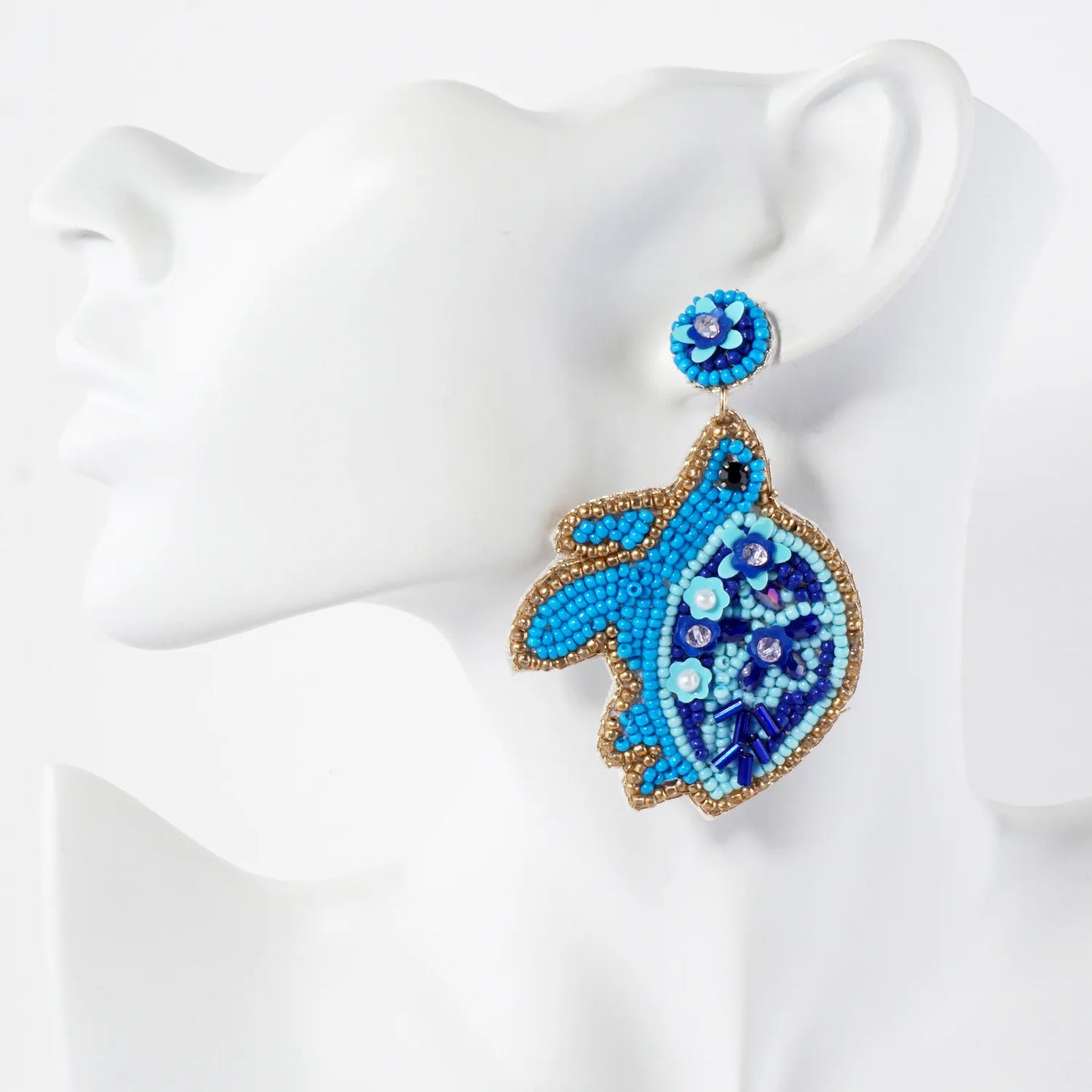 Glass-Beaded Turtle Drop Sea-Life Statement Earrings