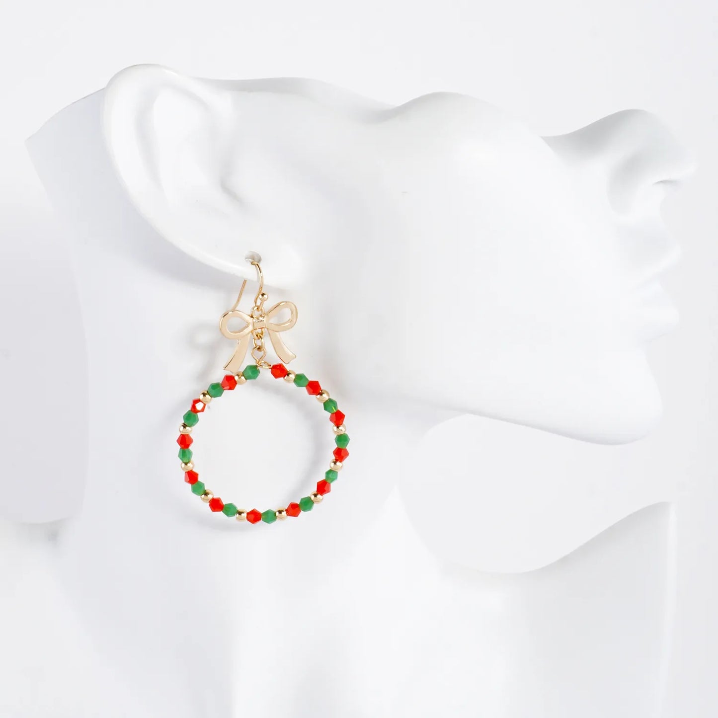 Glass Beaded Wire Circle Drop Bow Christmas Earrings