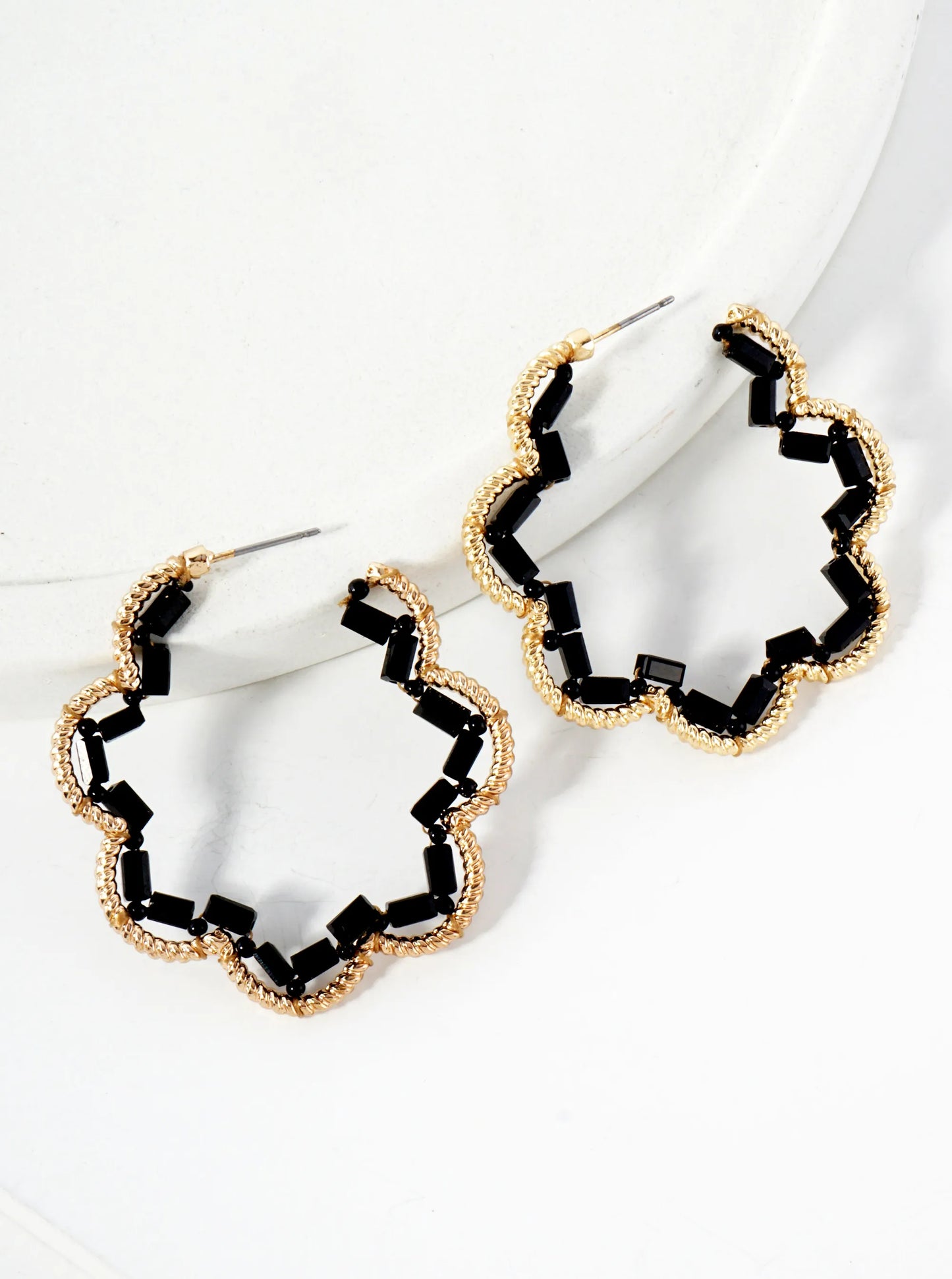 Glass-Beads Thread-Wrapped 45mm Floral Open Hoop Earrings