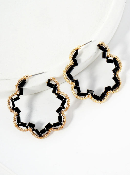 Glass-Beads Thread-Wrapped 45mm Floral Open Hoop Earrings
