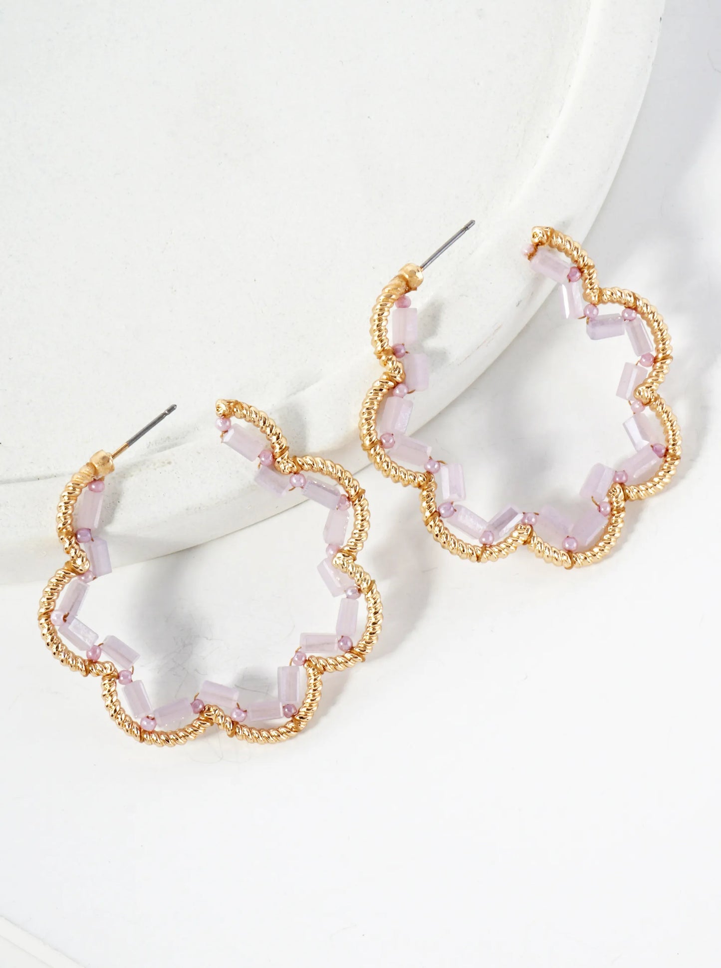 Glass-Beads Thread-Wrapped 45mm Floral Open Hoop Earrings