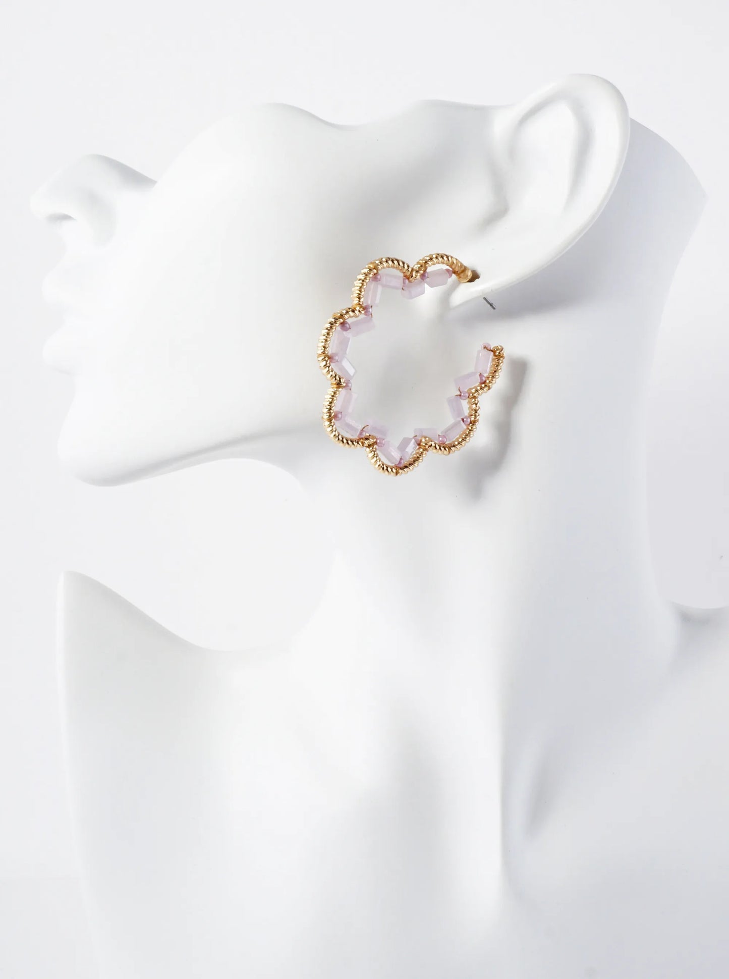 Glass-Beads Thread-Wrapped 45mm Floral Open Hoop Earrings