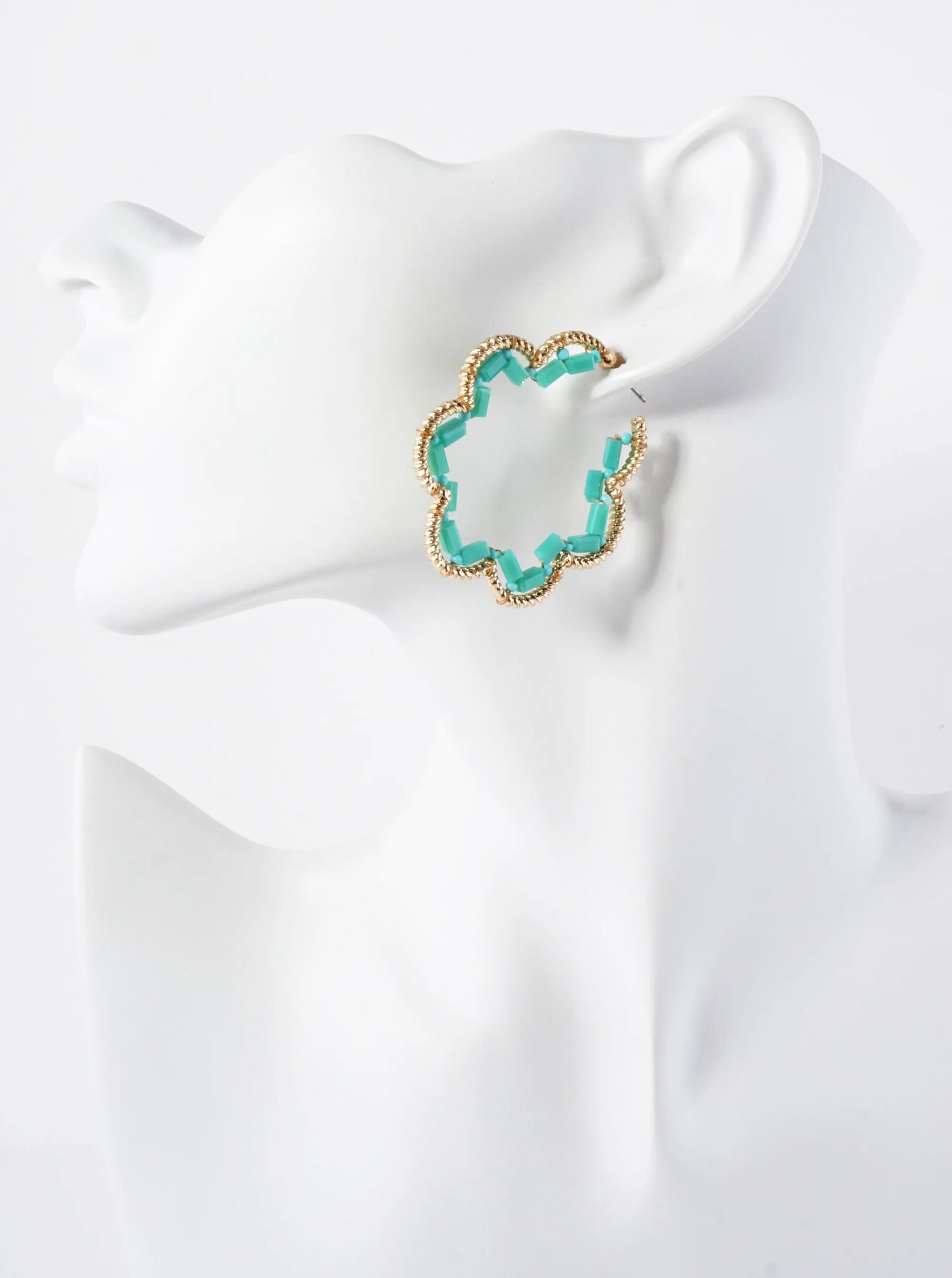 Glass-Beads Thread-Wrapped 45mm Floral Open Hoop Earrings