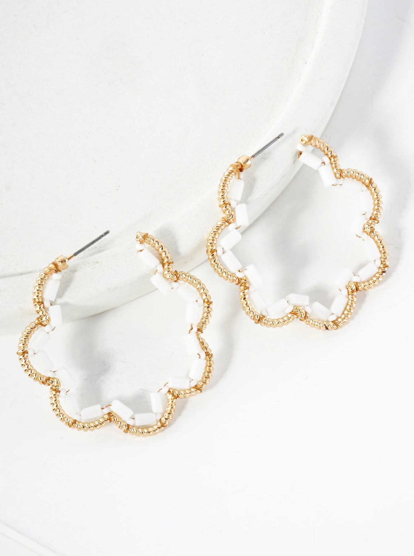 Glass-Beads Thread-Wrapped 45mm Floral Open Hoop Earrings