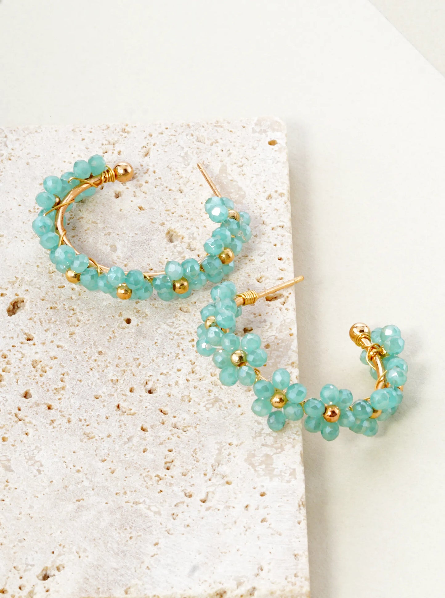 Glass Beads Wire Wrapped 25mm Flower Open Hoop Earrings