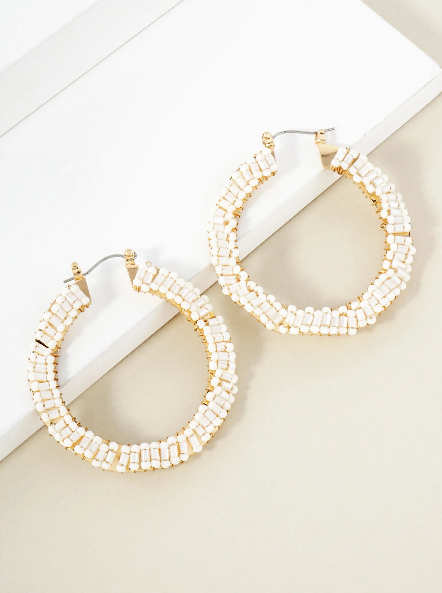 Glass-Beads Wire-Wrapped 50mm Wavy Hinged Hoop Earrings