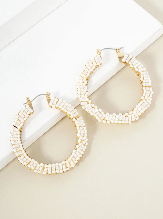 Glass-Beads Wire-Wrapped 50mm Wavy Hinged Hoop Earrings