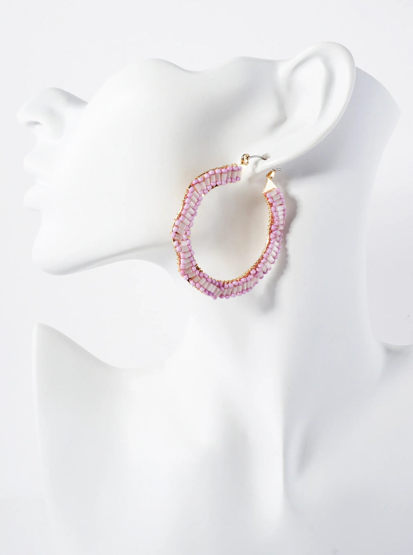 Glass-Beads Wire-Wrapped 50mm Wavy Hinged Hoop Earrings