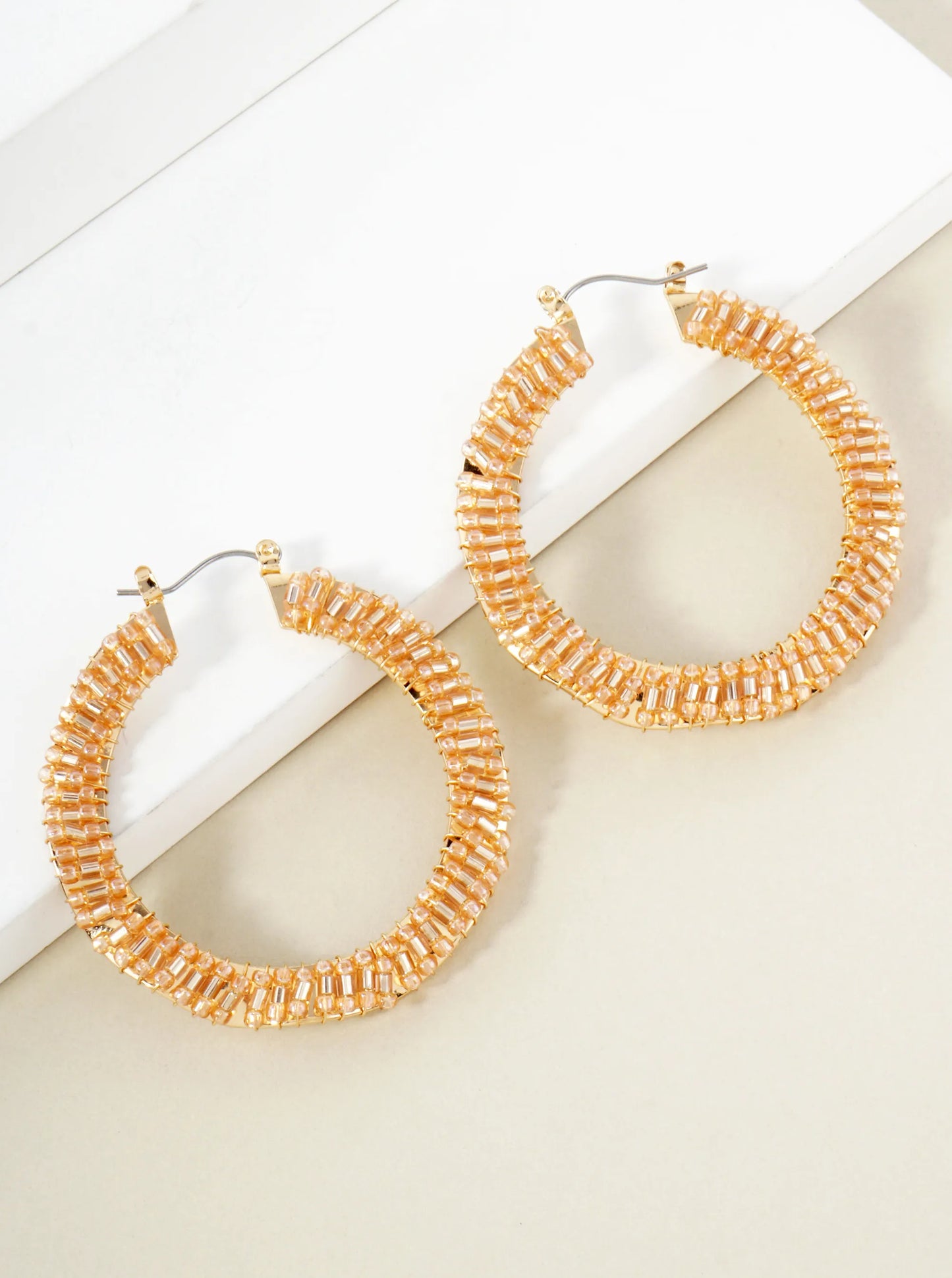 Glass-Beads Wire-Wrapped 50mm Wavy Hinged Hoop Earrings