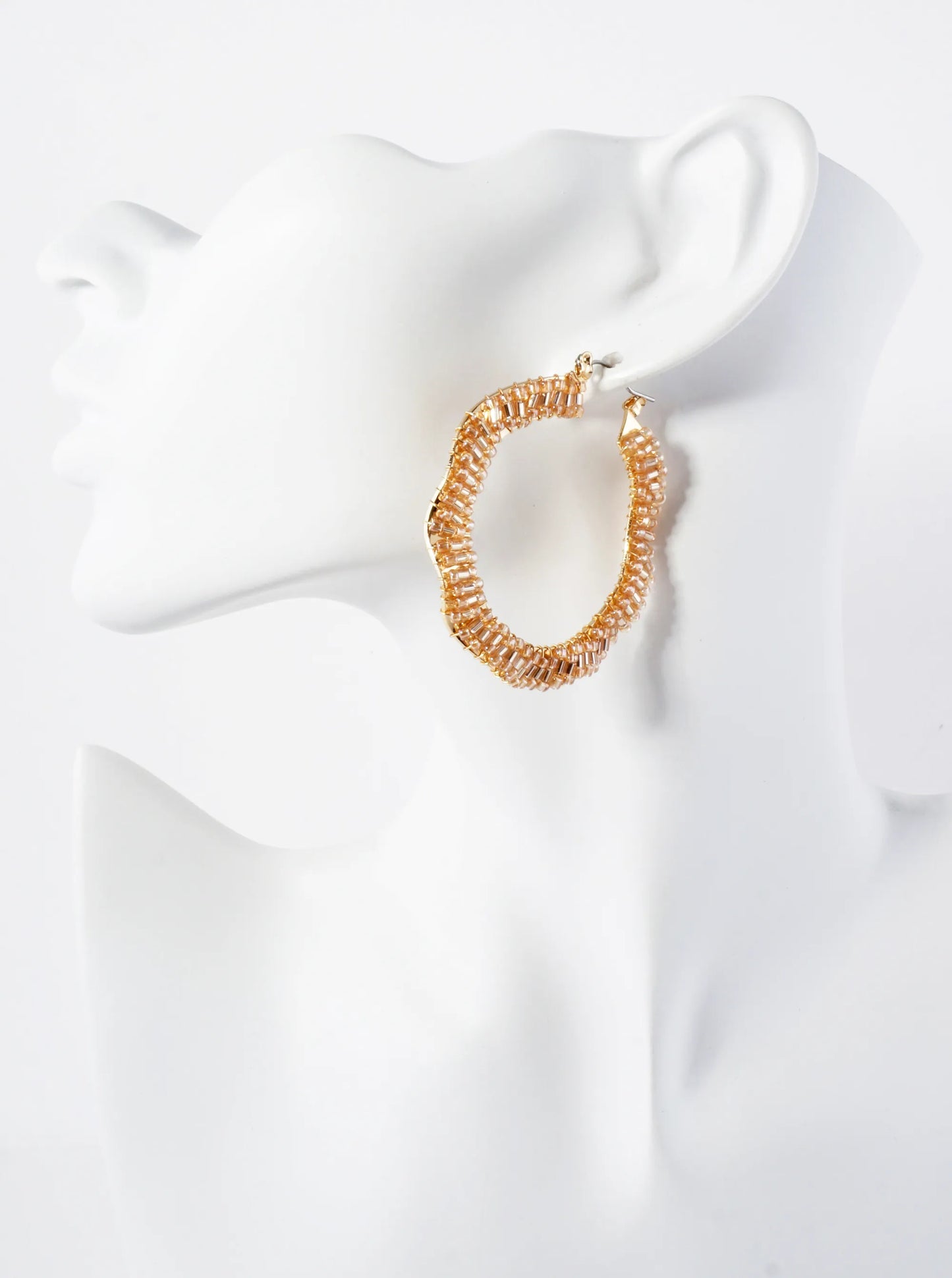 Glass-Beads Wire-Wrapped 50mm Wavy Hinged Hoop Earrings