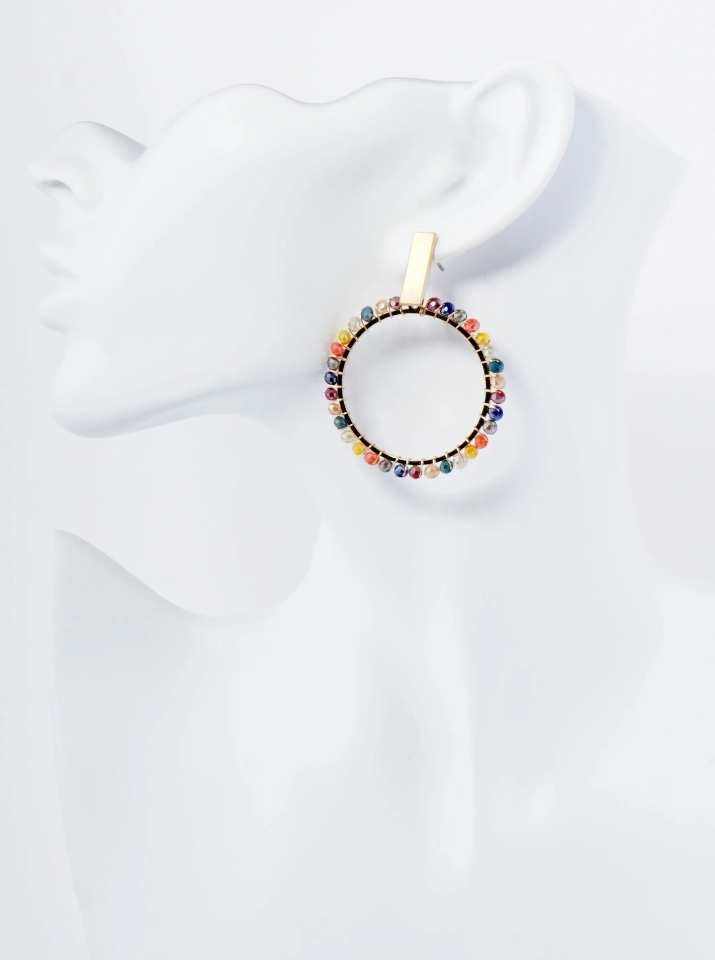 Glass Beads Wire Wrapped Circle Dangle Post Earrings