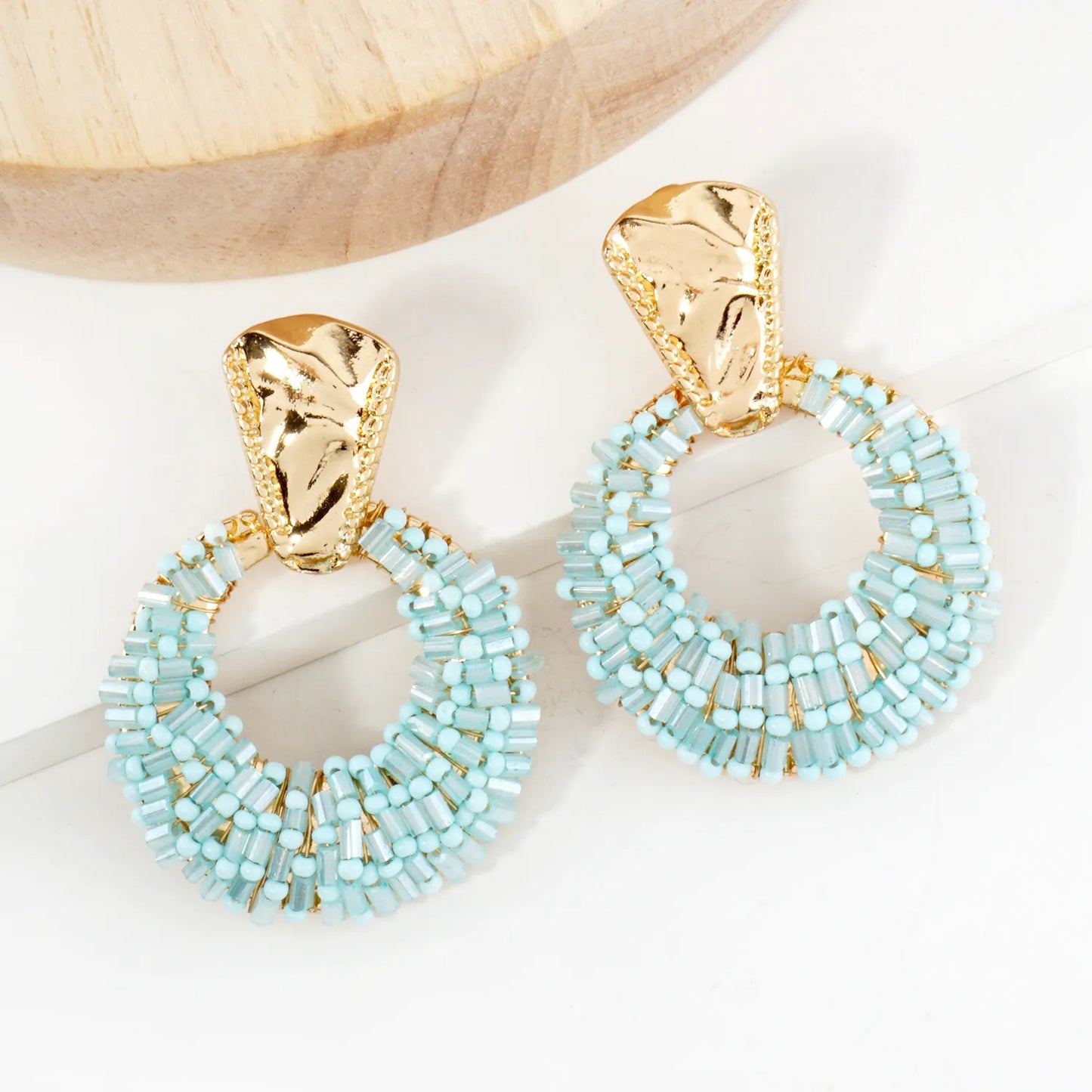Glass Beads Wire Wrapped Circle Drop Doorknocker Earrings