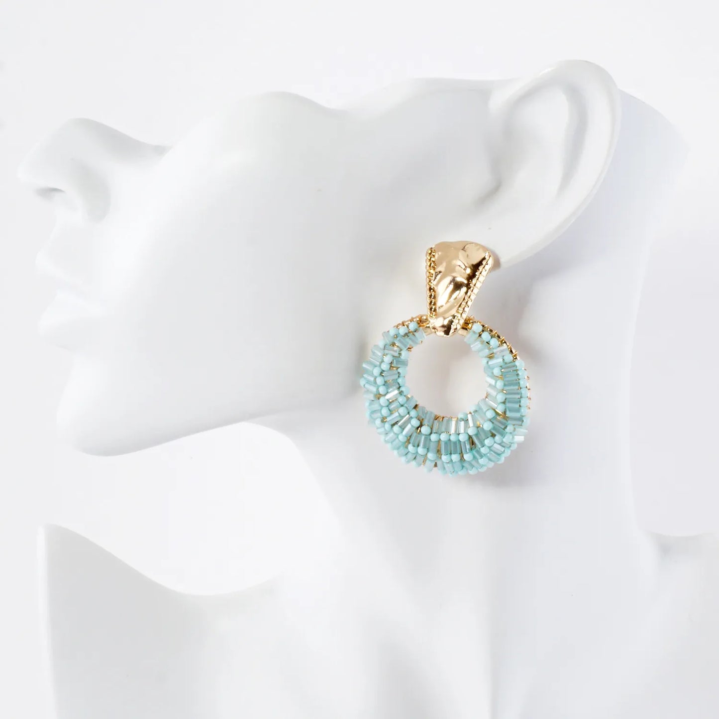 Glass Beads Wire Wrapped Circle Drop Doorknocker Earrings