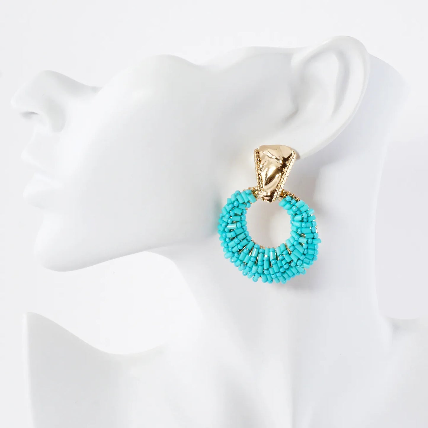 Glass Beads Wire Wrapped Circle Drop Doorknocker Earrings