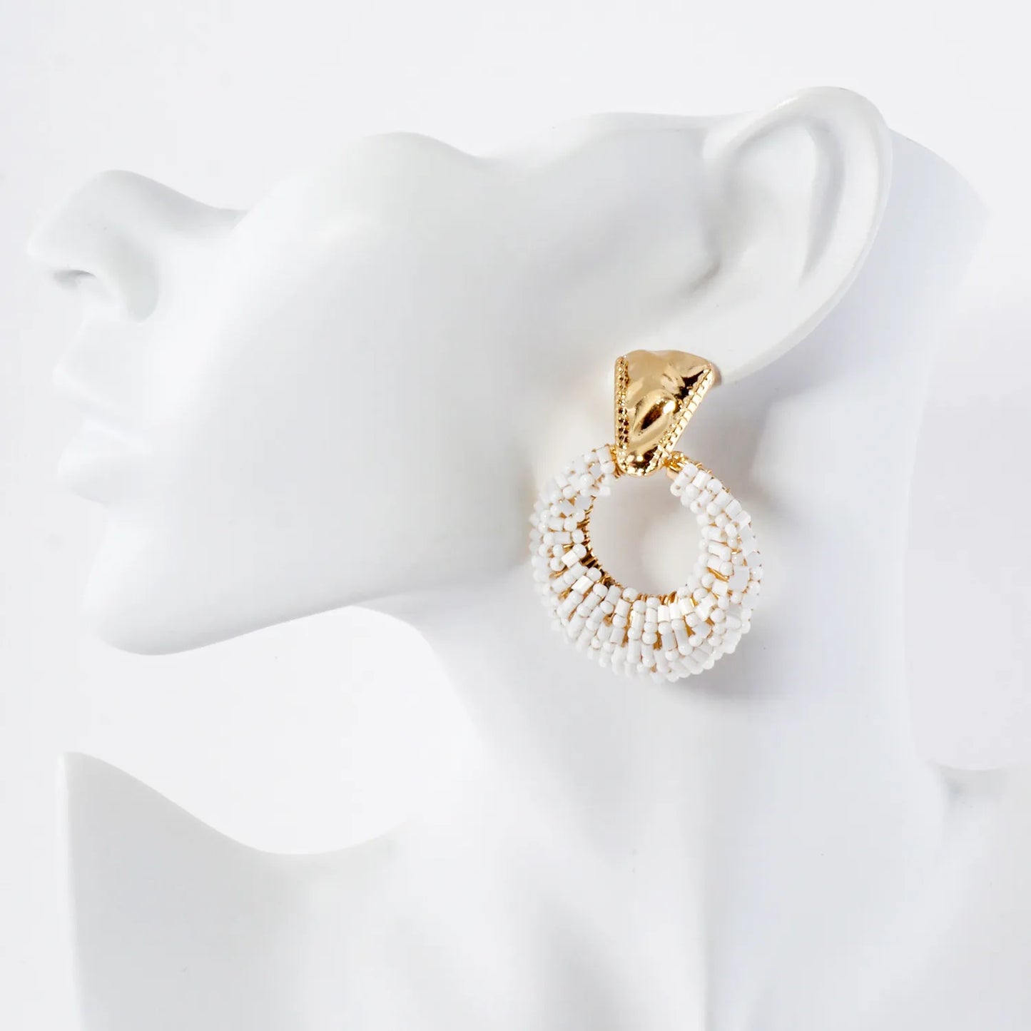 Glass Beads Wire Wrapped Circle Drop Doorknocker Earrings