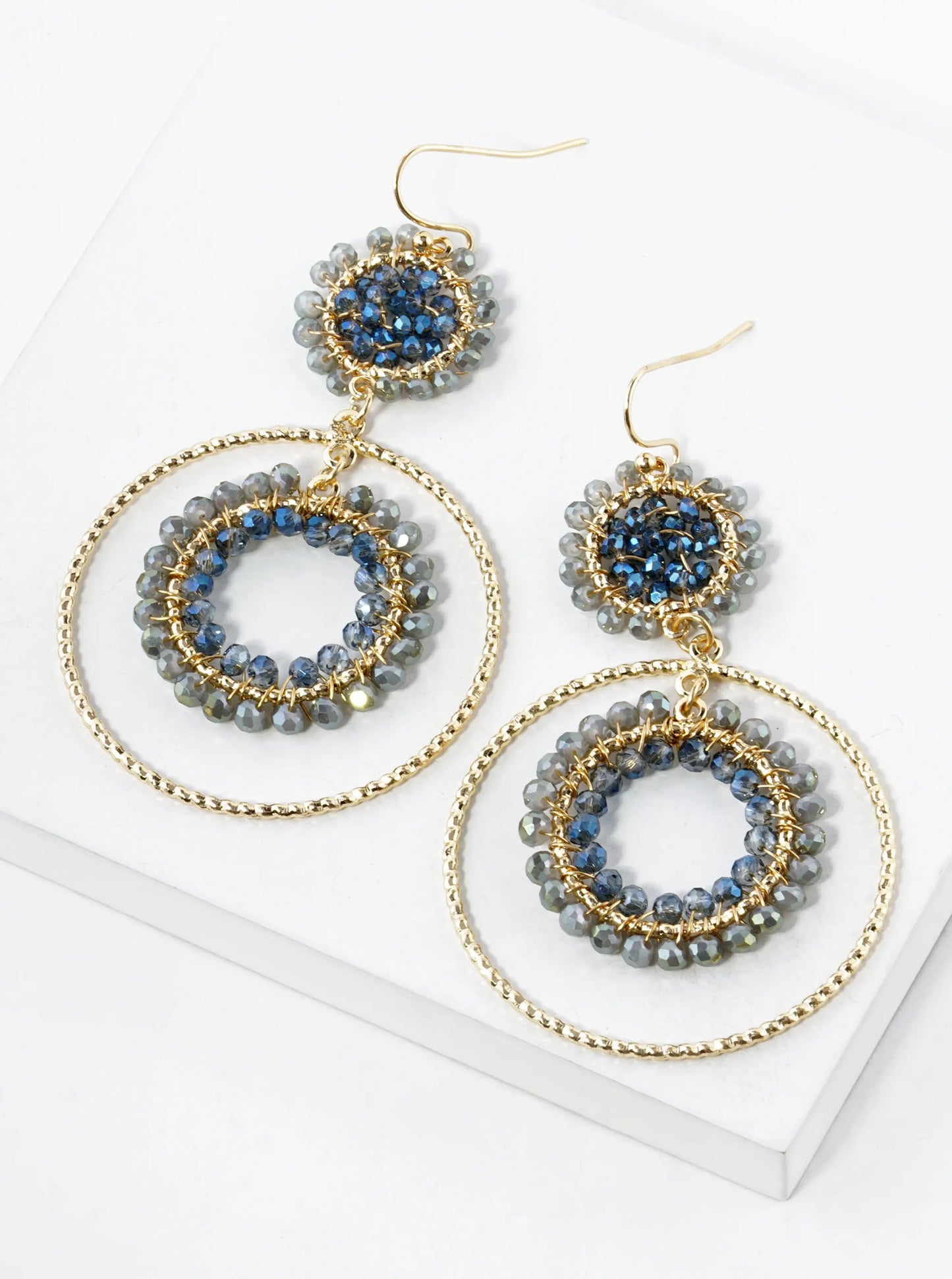 Glass Beads Wire Wrapped Double Circle Drop Earrings