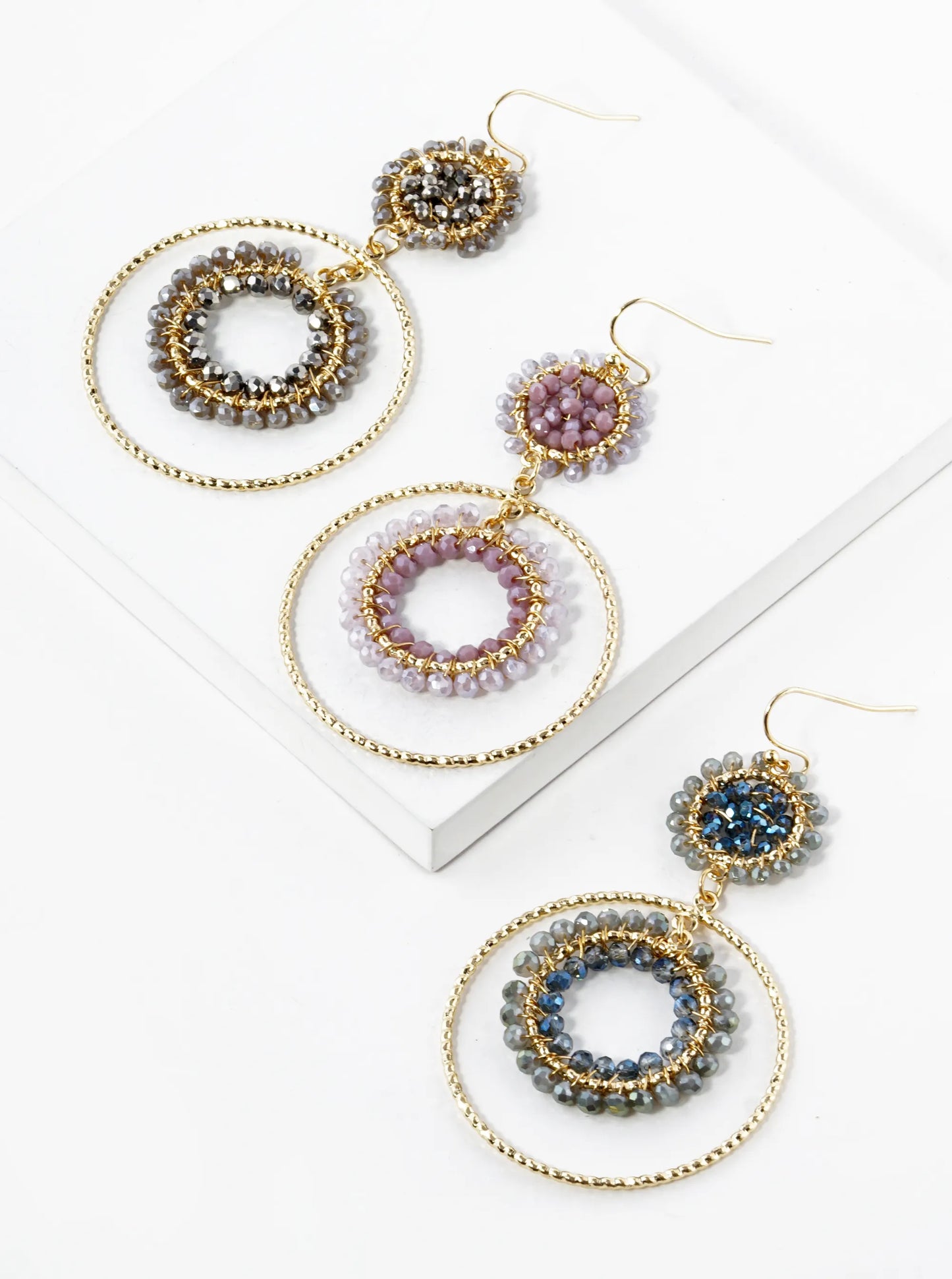 Glass Beads Wire Wrapped Double Circle Drop Earrings