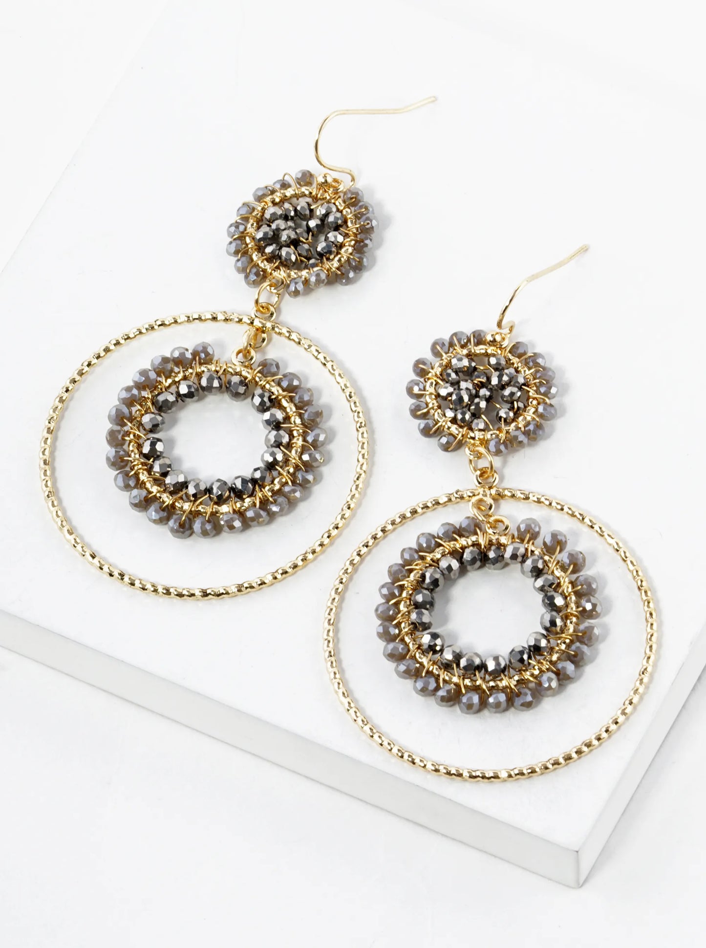 Glass Beads Wire Wrapped Double Circle Drop Earrings