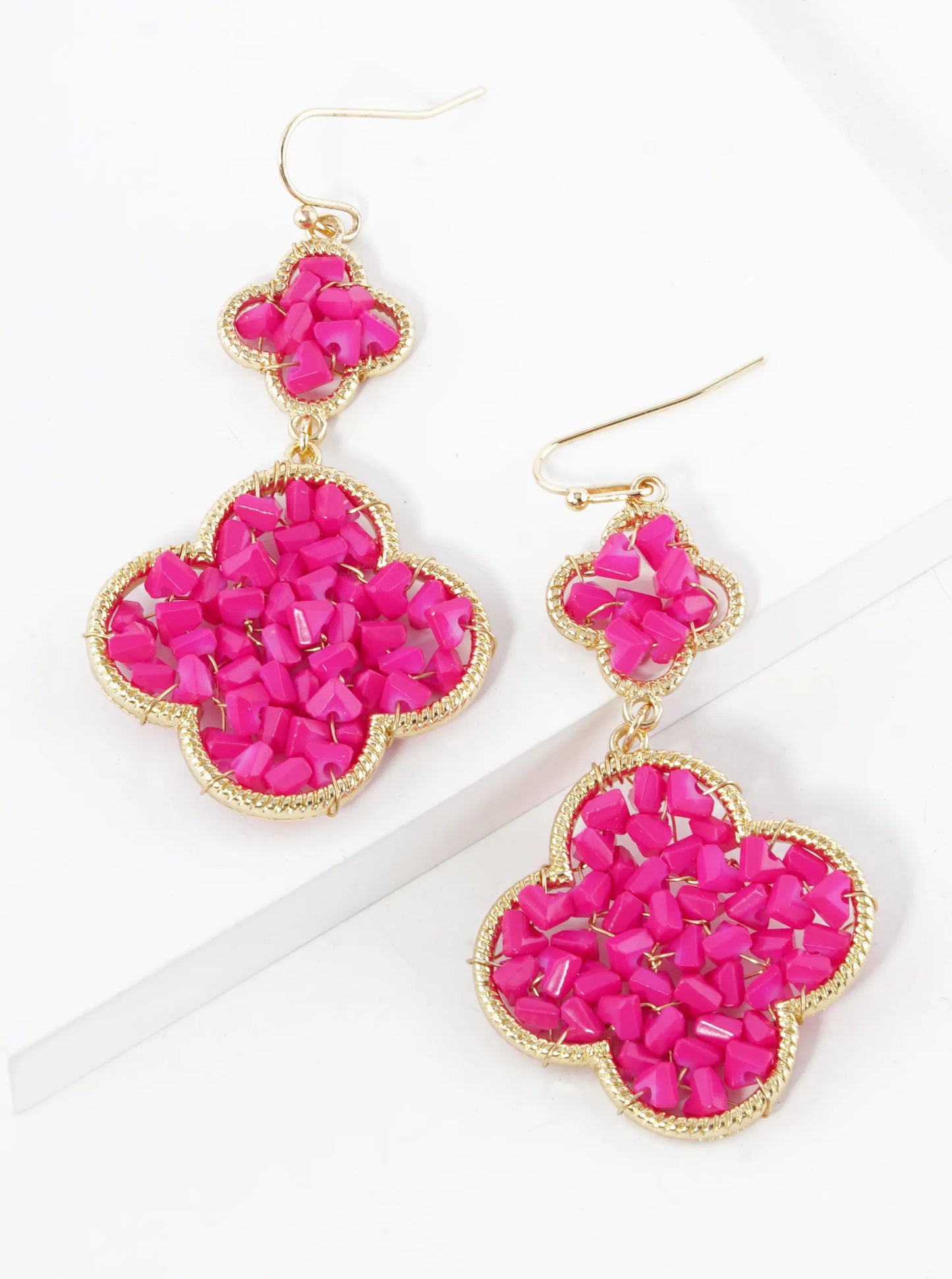 Glass Beads Wire Wrapped Double Quatrefoil Dangle Drop Earrings