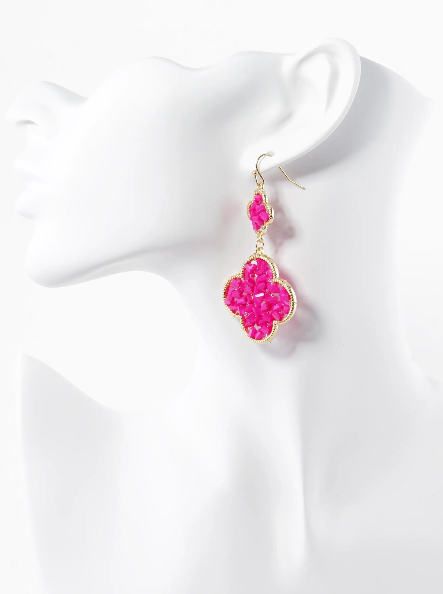 Glass Beads Wire Wrapped Double Quatrefoil Dangle Drop Earrings
