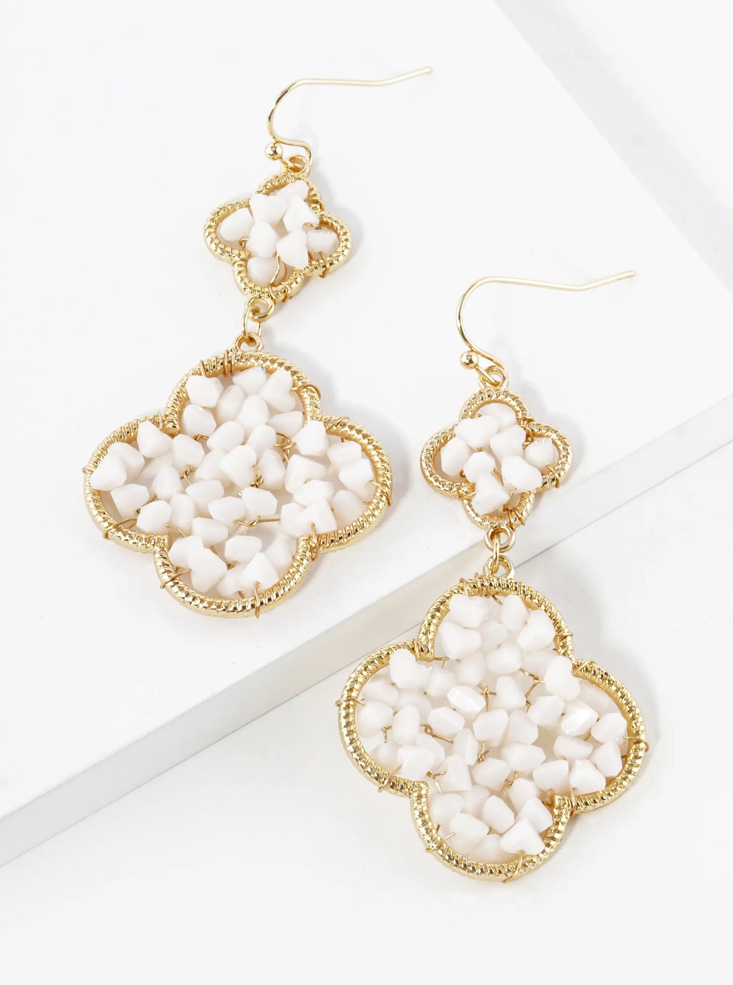 Glass Beads Wire Wrapped Double Quatrefoil Dangle Drop Earrings