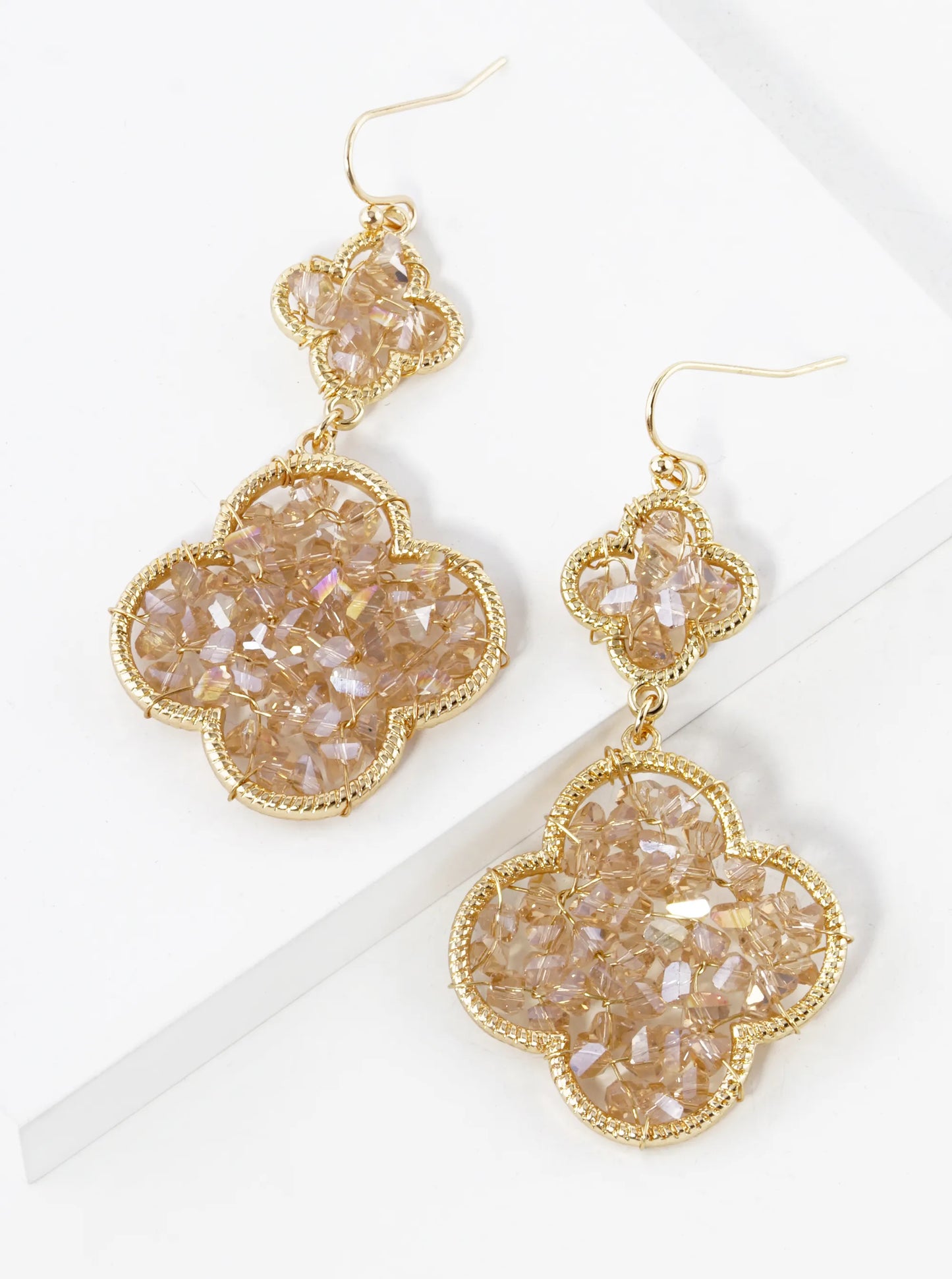 Glass Beads Wire Wrapped Double Quatrefoil Dangle Drop Earrings