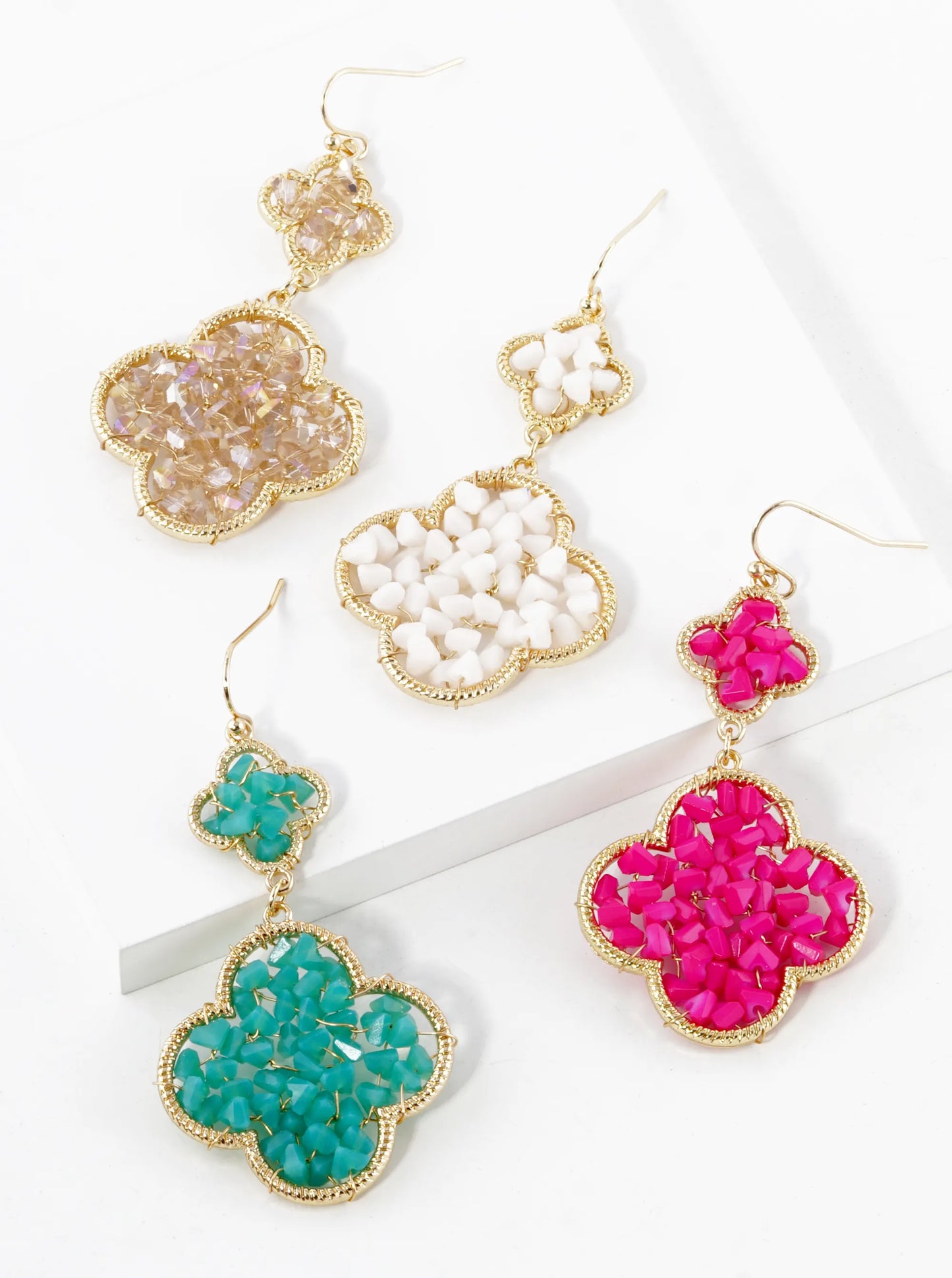 Glass Beads Wire Wrapped Double Quatrefoil Dangle Drop Earrings