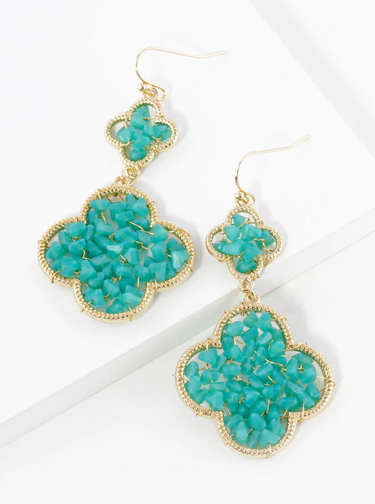 Glass Beads Wire Wrapped Double Quatrefoil Dangle Drop Earrings