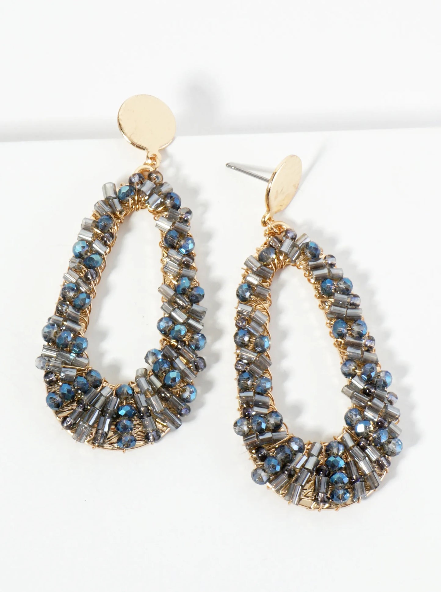 Glass Beads Wire Wrapped Elongated Teardrop Dangle Post Earrings