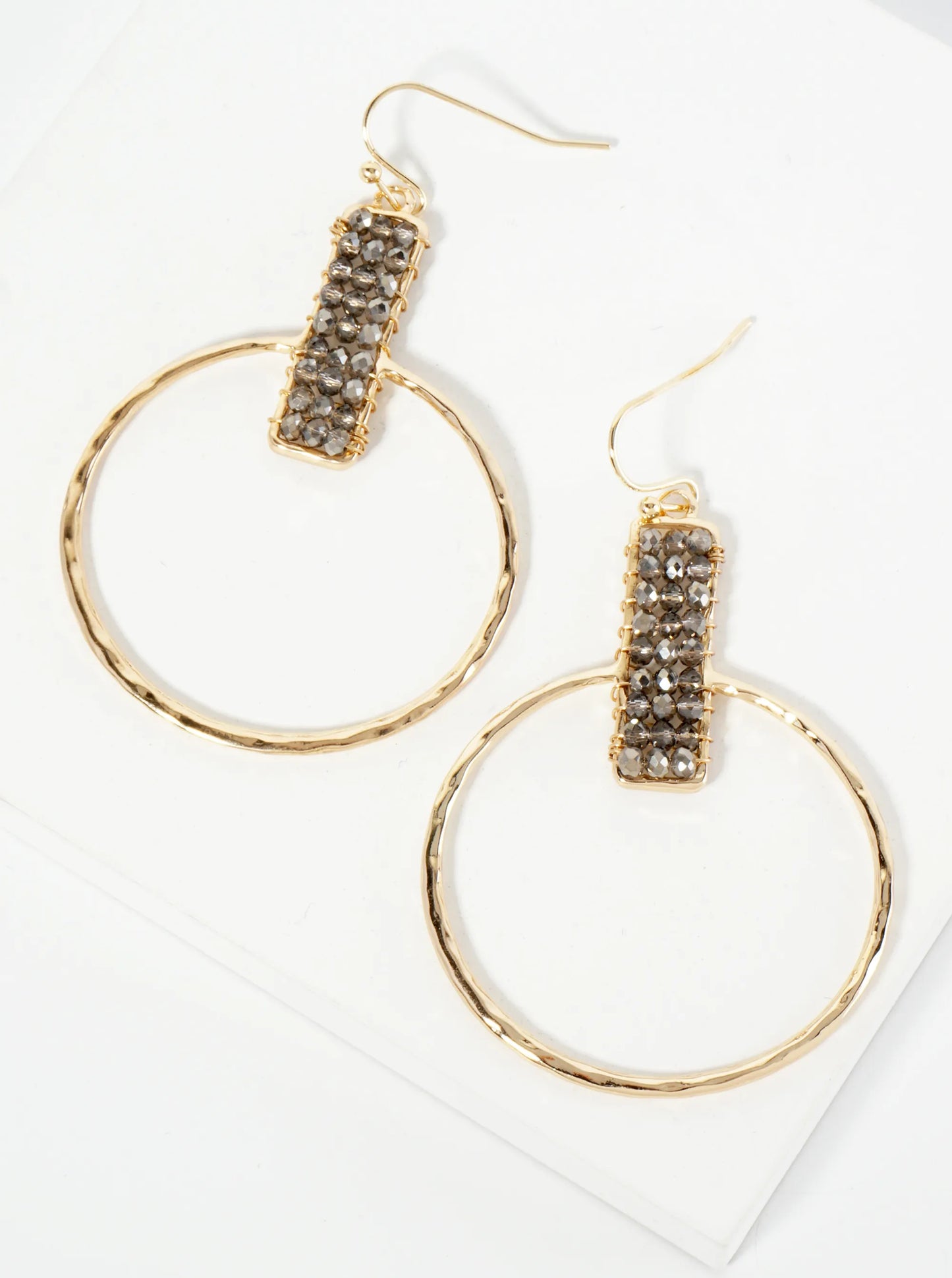 Glass Beads Wire Wrapped Hammered Circle Drop Earrings