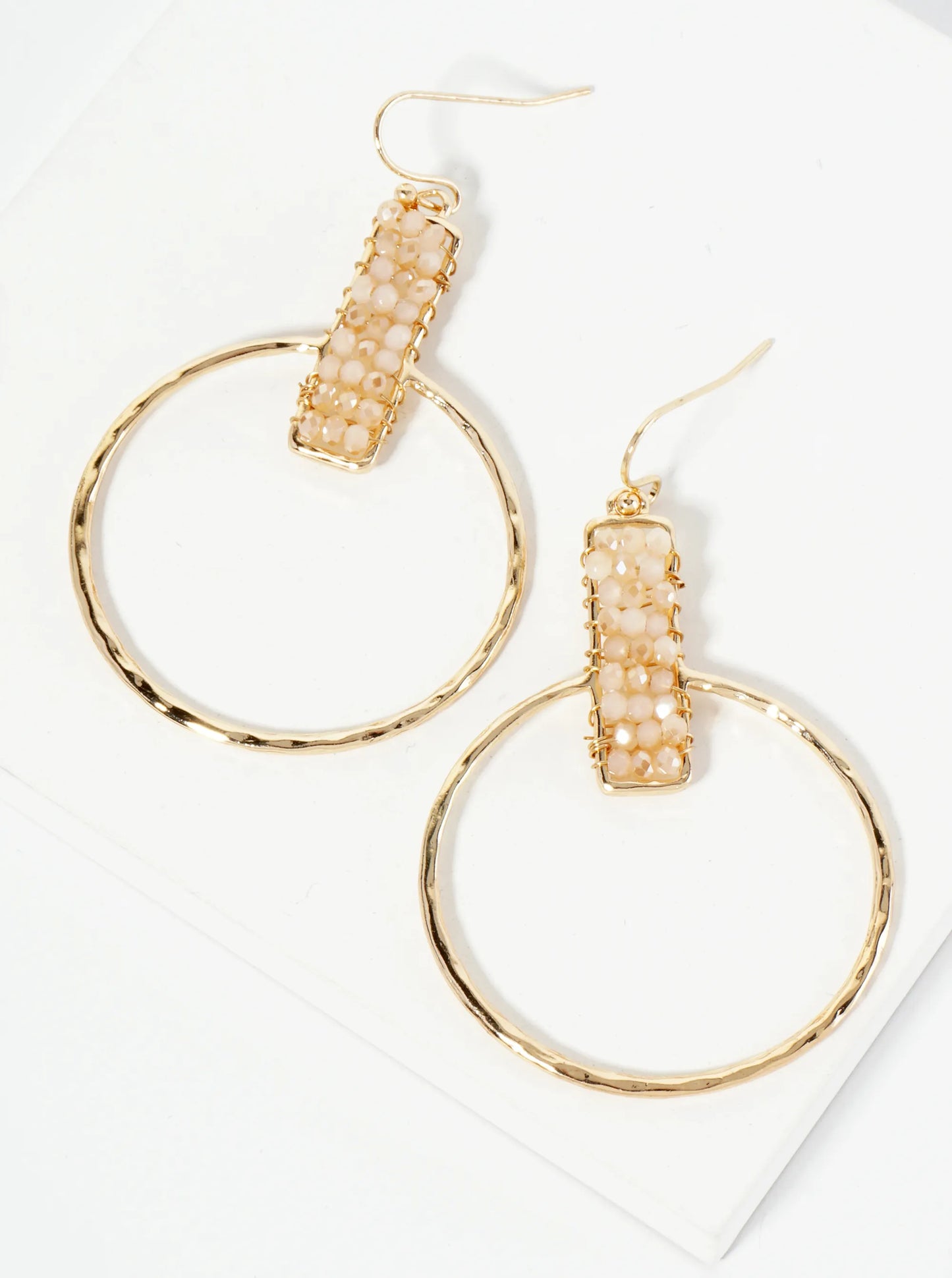 Glass Beads Wire Wrapped Hammered Circle Drop Earrings