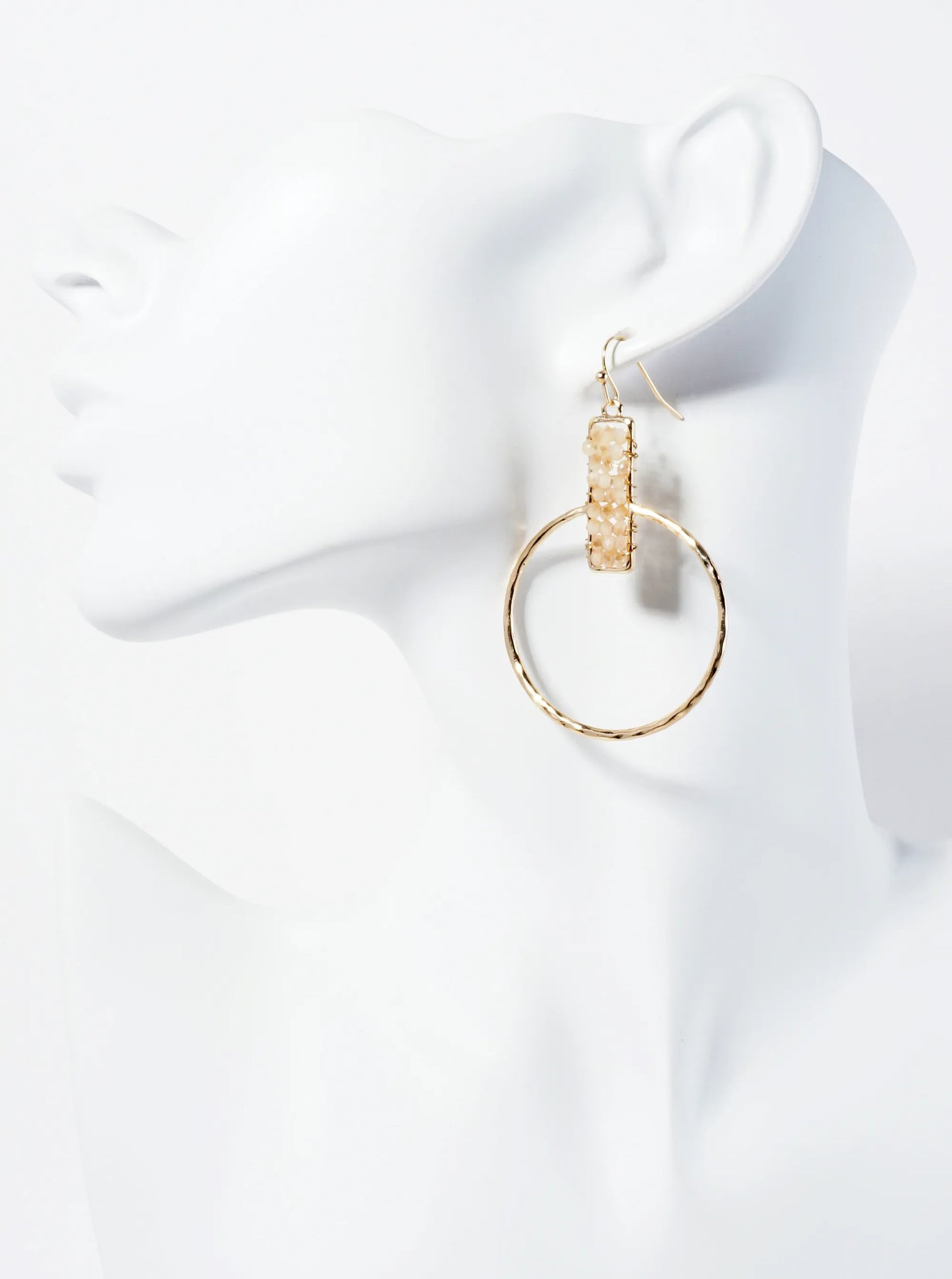 Glass Beads Wire Wrapped Hammered Circle Drop Earrings