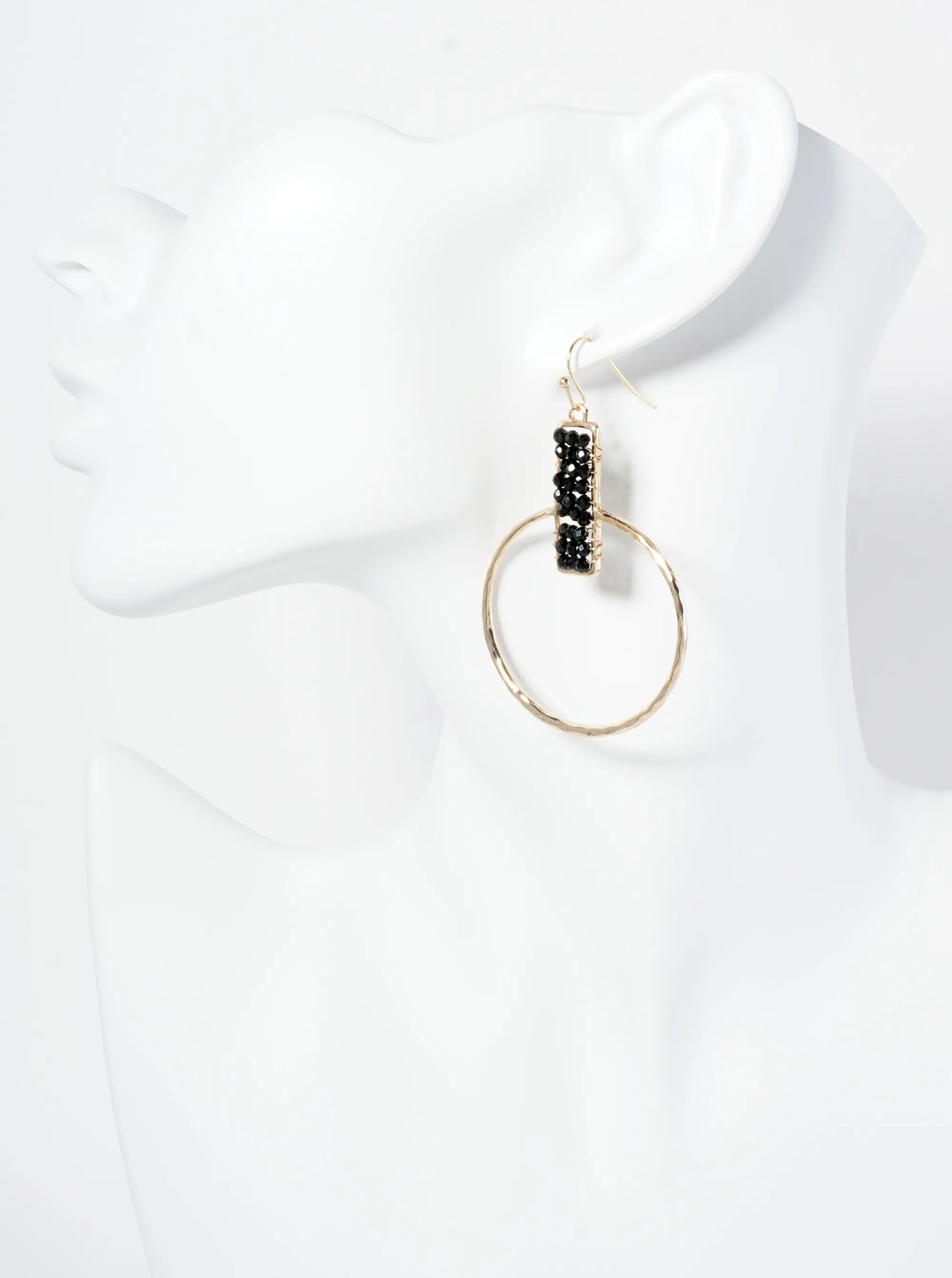 Glass Beads Wire Wrapped Hammered Circle Drop Earrings