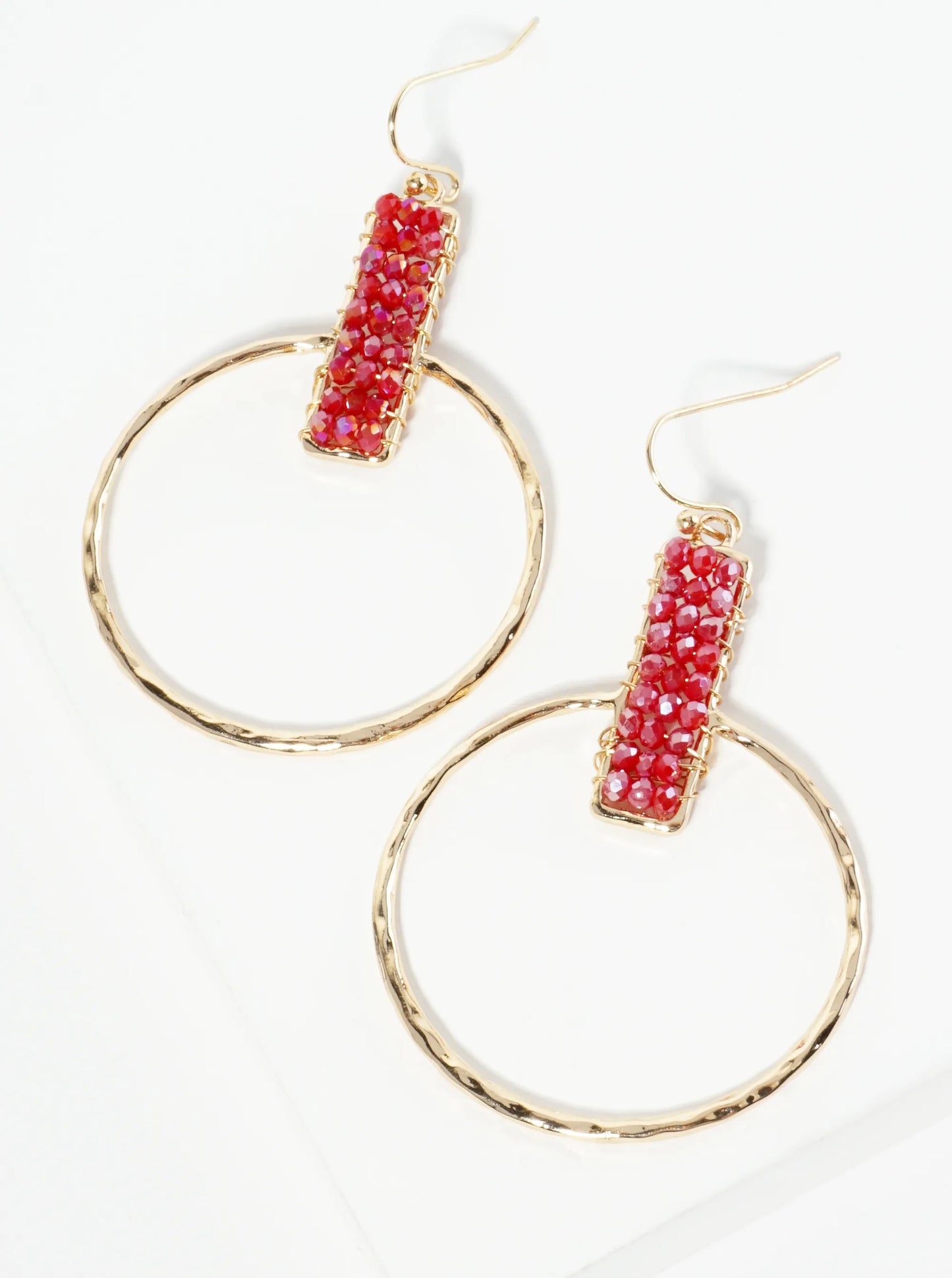 Glass Beads Wire Wrapped Hammered Circle Drop Earrings