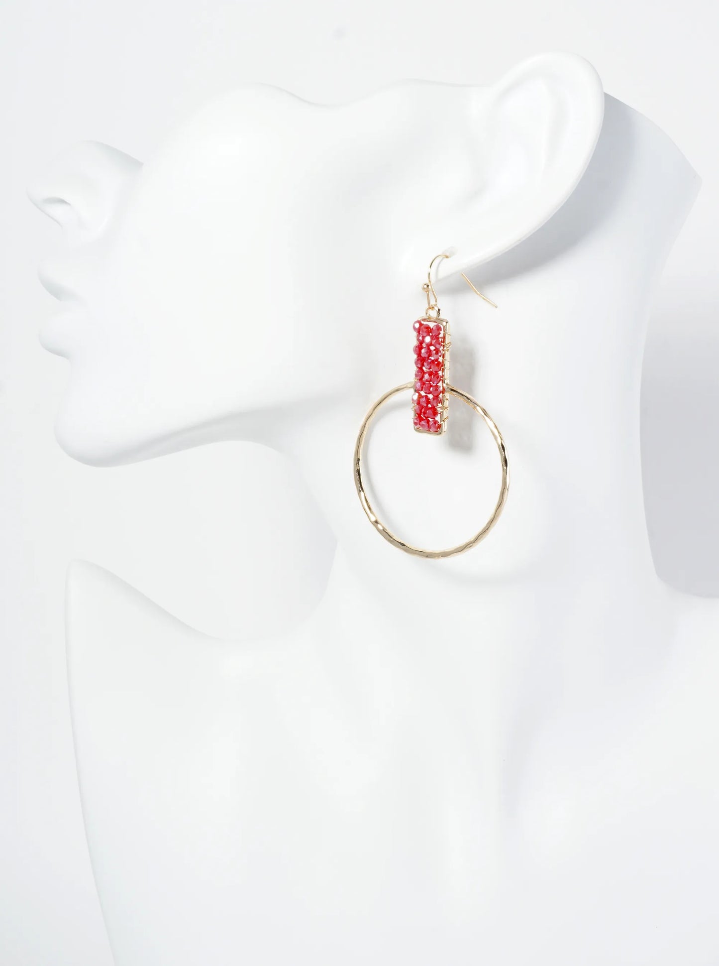 Glass Beads Wire Wrapped Hammered Circle Drop Earrings