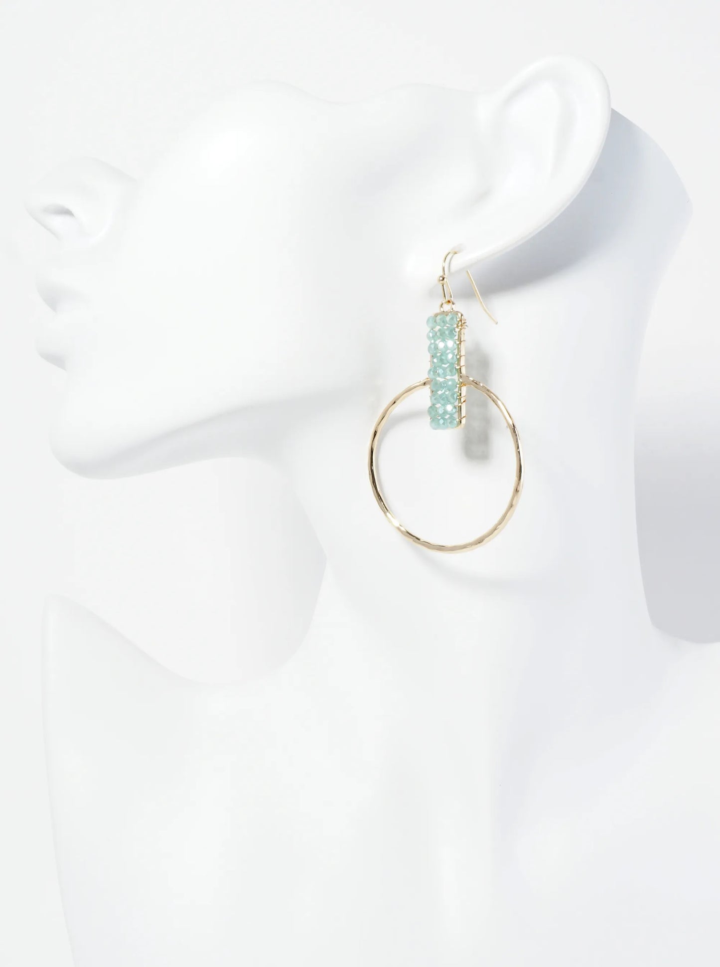 Glass Beads Wire Wrapped Hammered Circle Drop Earrings
