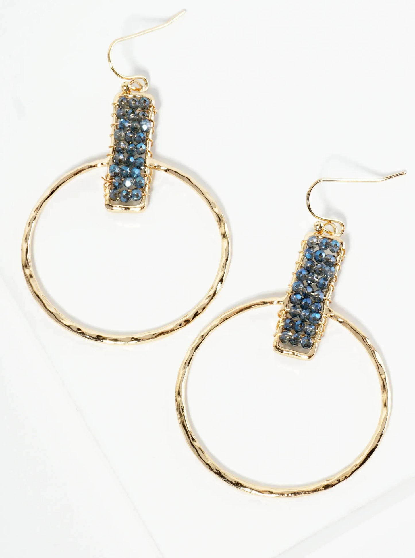 Glass Beads Wire Wrapped Hammered Circle Drop Earrings