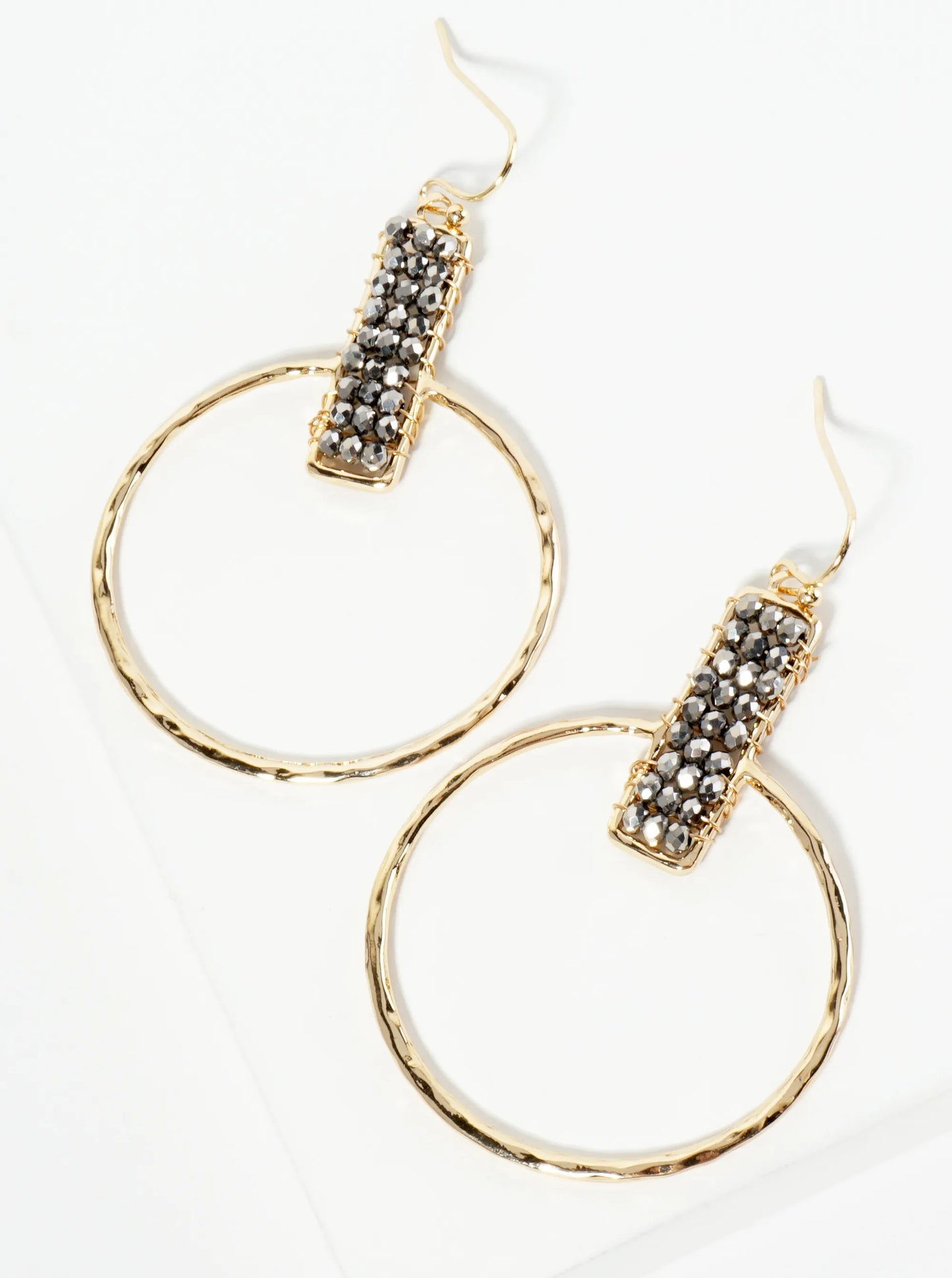 Glass Beads Wire Wrapped Hammered Circle Drop Earrings