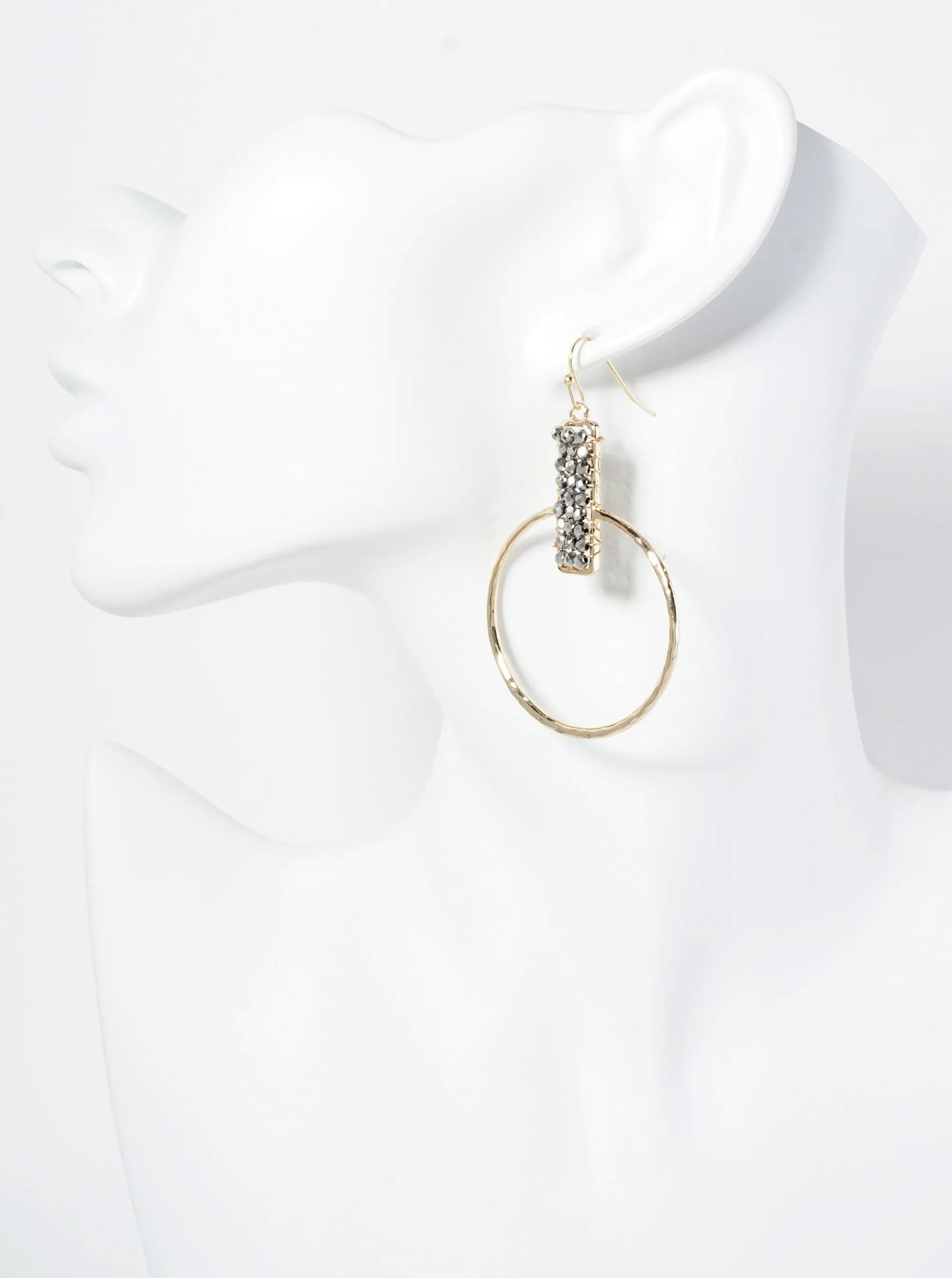 Glass Beads Wire Wrapped Hammered Circle Drop Earrings