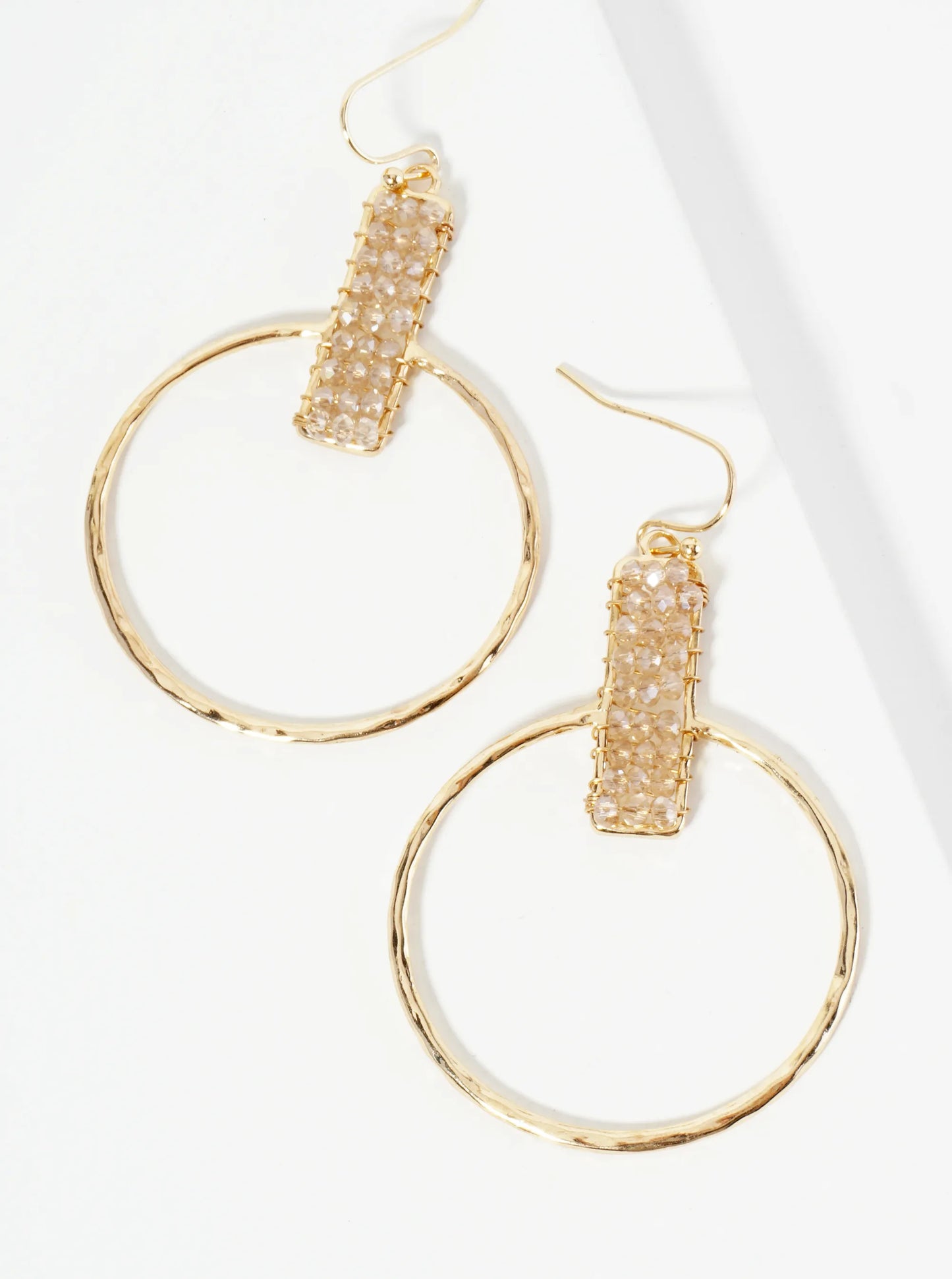 Glass Beads Wire Wrapped Hammered Circle Drop Earrings