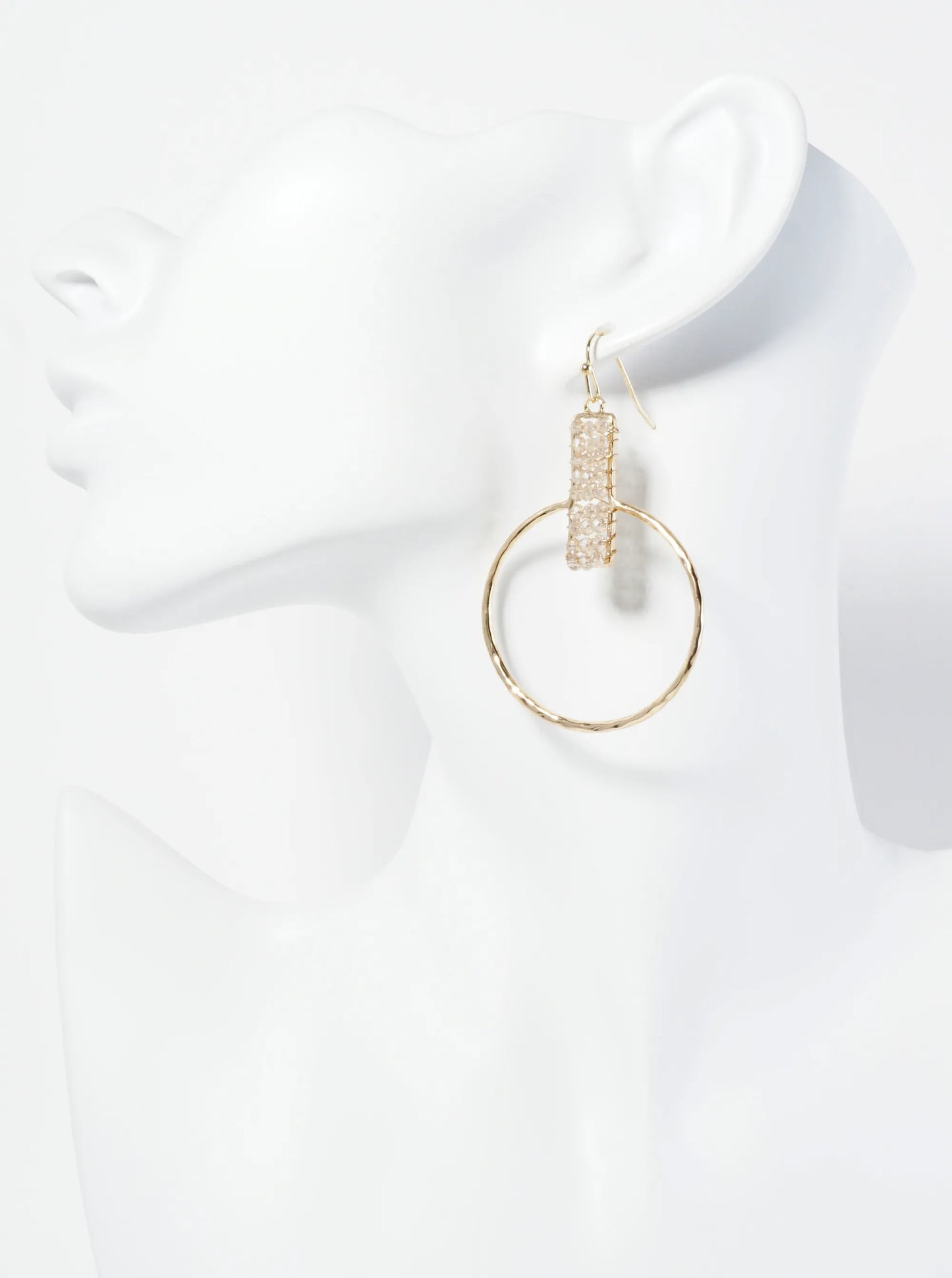Glass Beads Wire Wrapped Hammered Circle Drop Earrings
