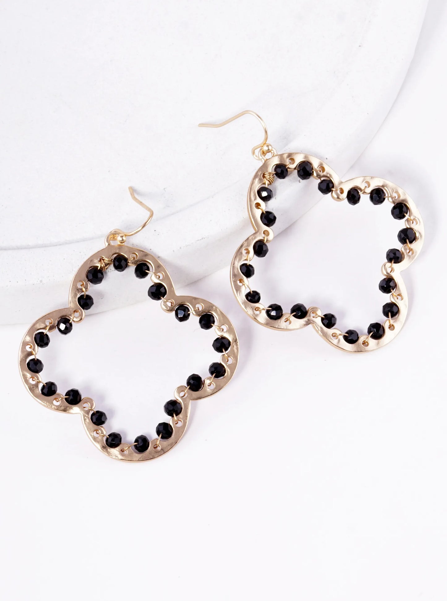 Glass Beads Wire Wrapped Hammered Quatrefoil Dangle Earrings