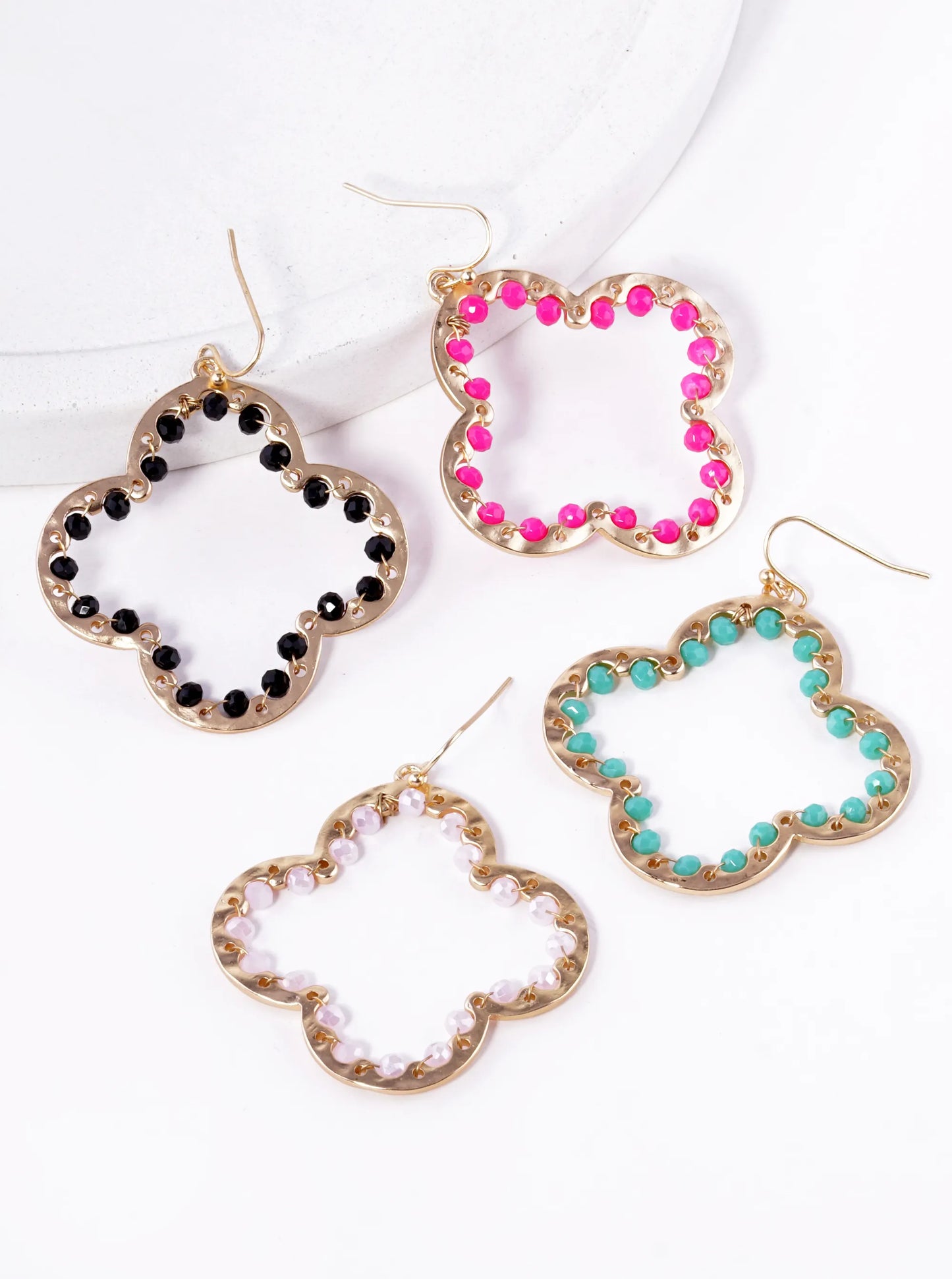Glass Beads Wire Wrapped Hammered Quatrefoil Dangle Earrings