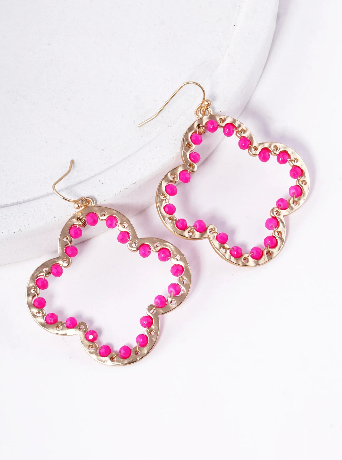 Glass Beads Wire Wrapped Hammered Quatrefoil Dangle Earrings