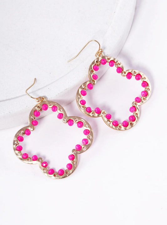 Glass Beads Wire Wrapped Hammered Quatrefoil Dangle Earrings